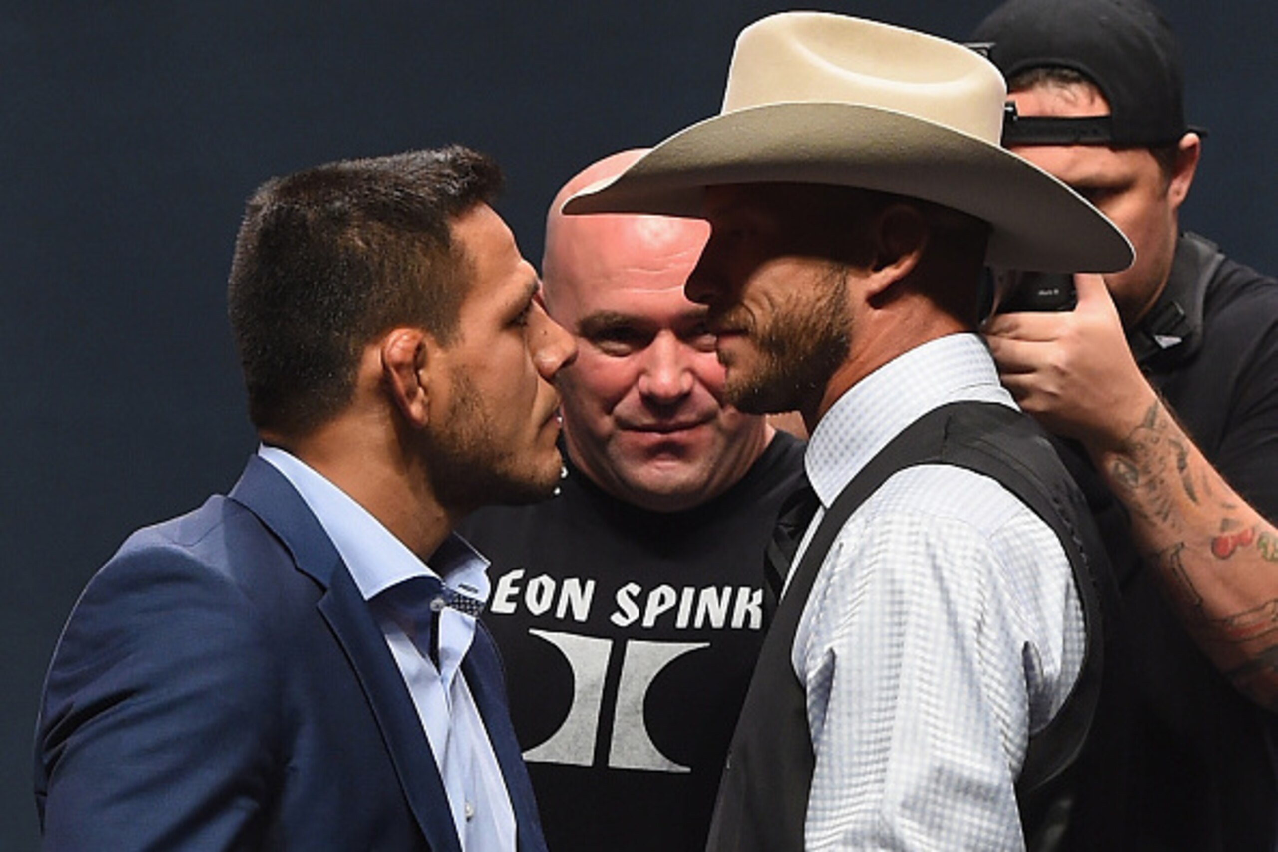 LAS VEGAS, NV - SEPTEMBER 04:  UFC lightweight champion Rafael Dos Anjos and Donald Cerrone face off during the UFC's Go Big launch event inside MGM Grand Garden Arena on September 4, 2015 in Las Vegas, Nevada.  (Photo by Josh Hedges/Zuffa LLC/Zuffa LLC v