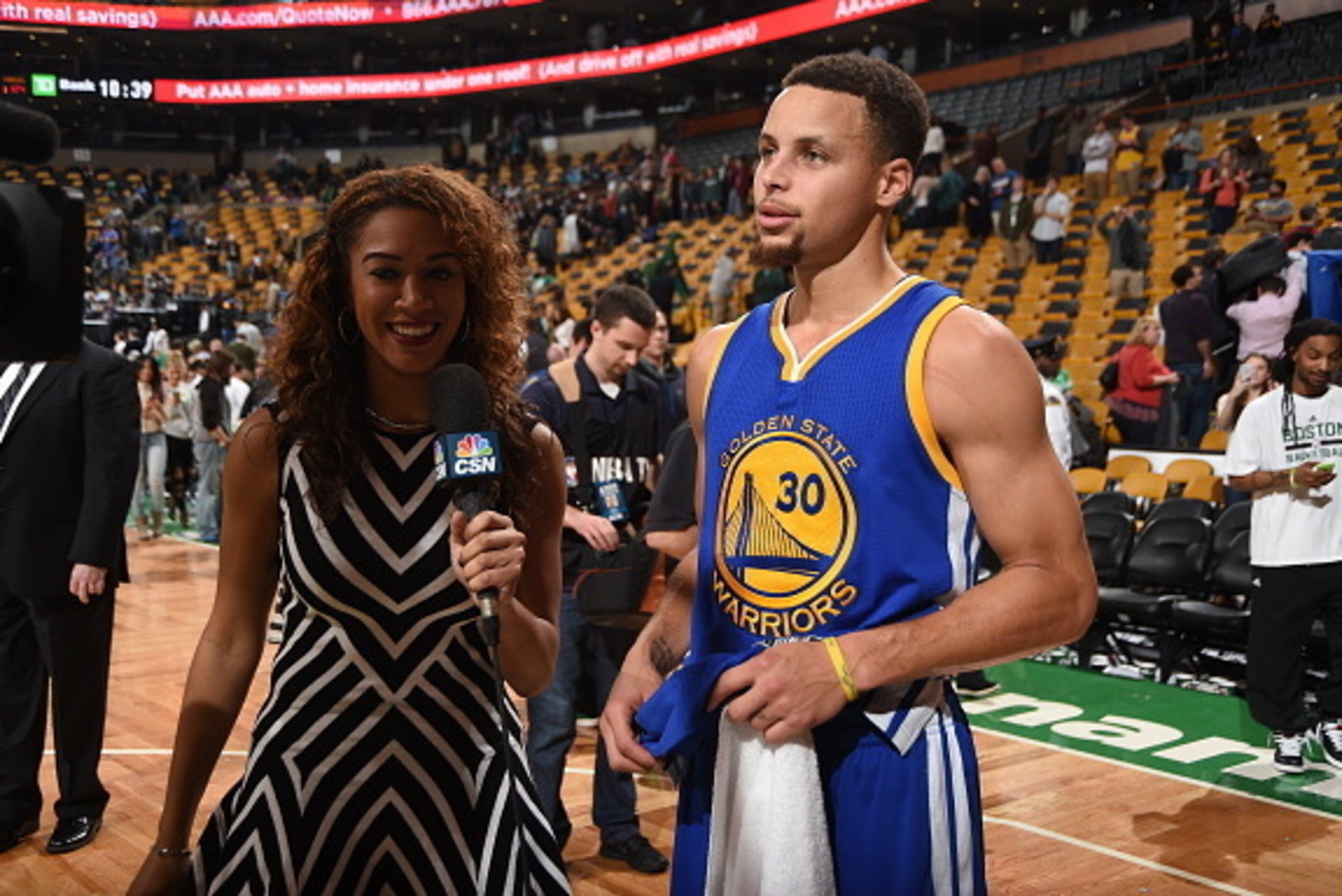 BOSTON, MA - DECEMBER 11:  Stephen Curry #30 of the Golden State Warriors is interviewed after the game against the Boston Celtics on December 11, 2015 at the TD Garden in Boston, Massachusetts.  NOTE TO USER: User expressly acknowledges and agrees that, 