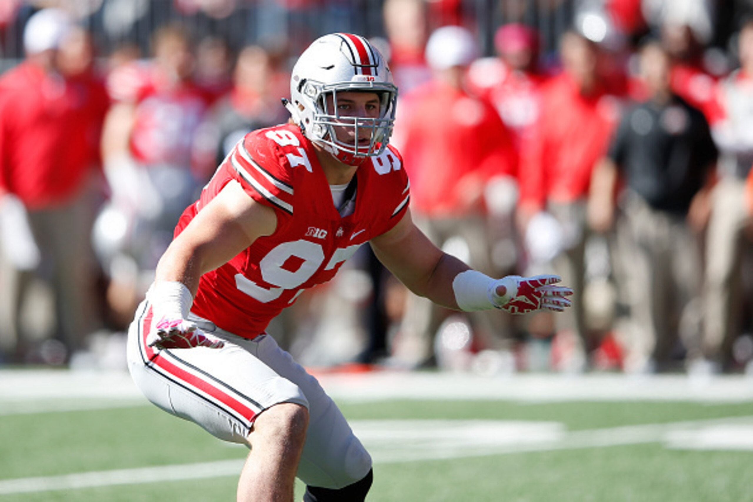 COLUMBUS, OH - OCTOBER 10: Joey Bosa #97 of the Ohio State Buckeyes in action against the Maryland Terrapins during a game at Ohio Stadium on October 10, 2015 in Columbus, Ohio. The Buckeyes defeated the Terrapins 49-28. (Photo by Joe Robbins/Getty Images