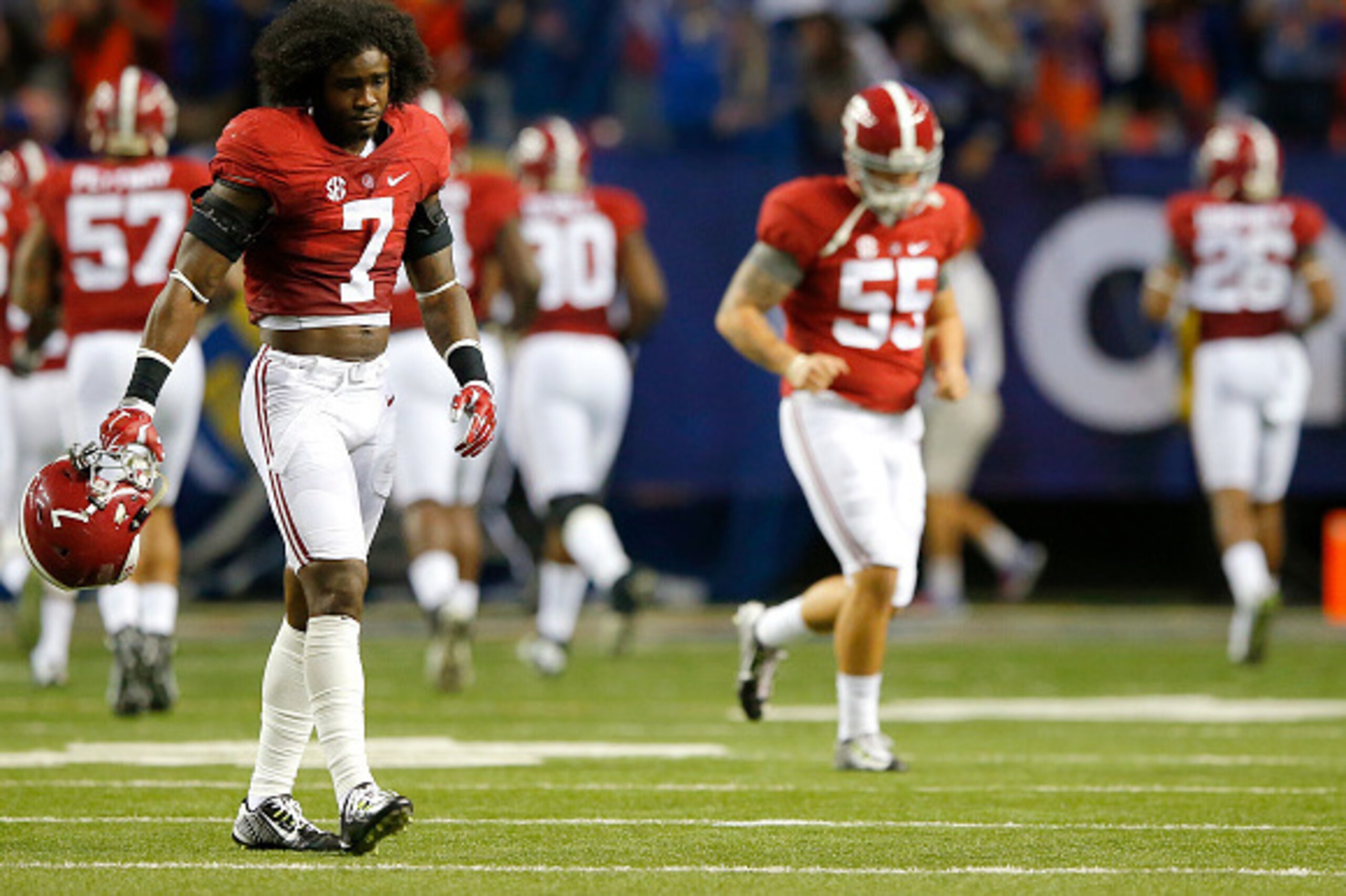 ATLANTA, GA - DECEMBER 5: Tony Brown #7 of the Alabama Crimson Tide looks on after the Florida Gators returns a punt for a second quarter touchdown during the SEC Championship at the Georgia Dome on December 5, 2015 in Atlanta, Georgia. (Photo by Kevin C.
