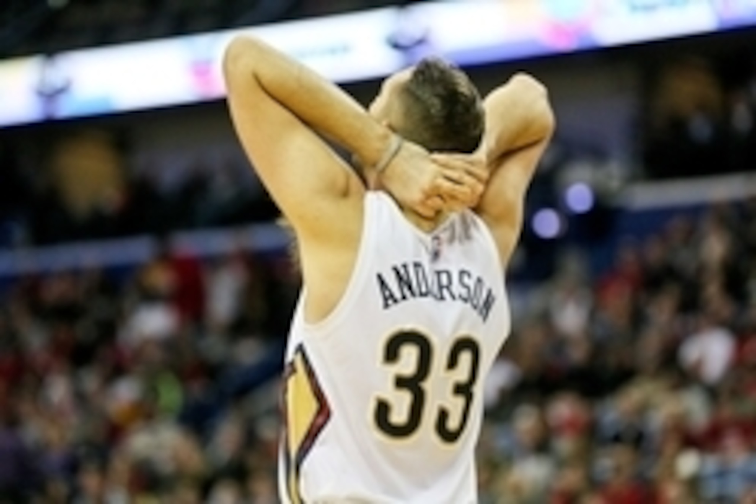 Dec 4, 2015; New Orleans, LA, USA; New Orleans Pelicans forward Ryan Anderson (33) reacts to a call during the second quarter of a game against the Cleveland Cavaliers at the Smoothie King Center. Mandatory Credit: Derick E. Hingle-USA TODAY Sports