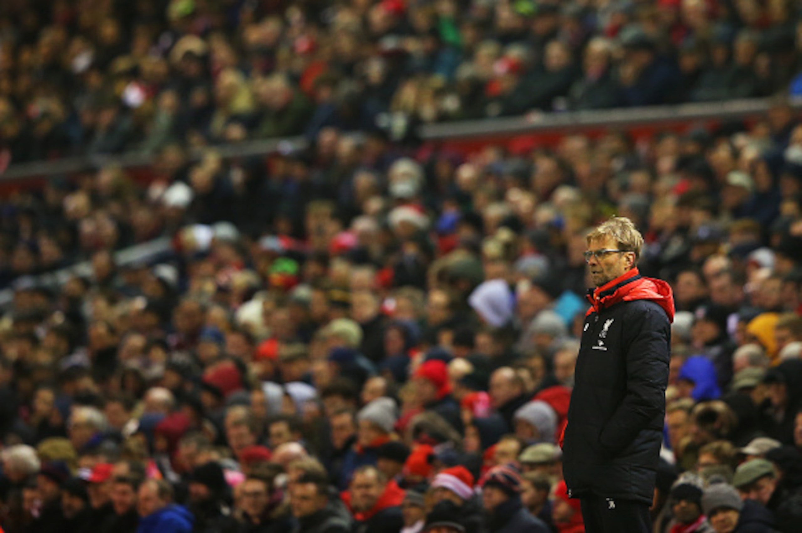 LIVERPOOL, ENGLAND - DECEMBER 13:  Jurgen Klopp, manager of Liverpool looks on during the Barclays Premier League match between Liverpool and West Bromwich Albion at Anfield on December 13, 2015 in Liverpool, England.  (Photo by Alex Livesey/Getty Images)