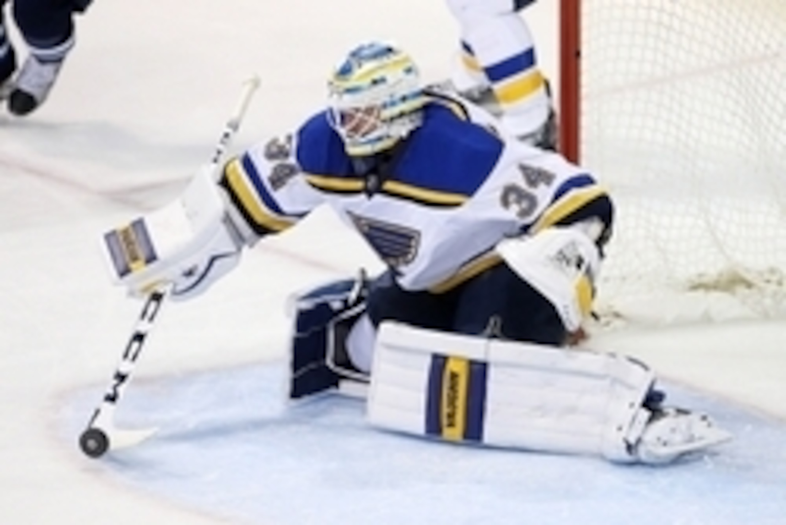 Dec 15, 2015; Winnipeg, Manitoba, CAN;  St. Louis Blues goalie Jake Allen (34) makes a save during the second period against the Winnipeg Jets at MTS Centre. Mandatory Credit: Bruce Fedyck-USA TODAY Sports