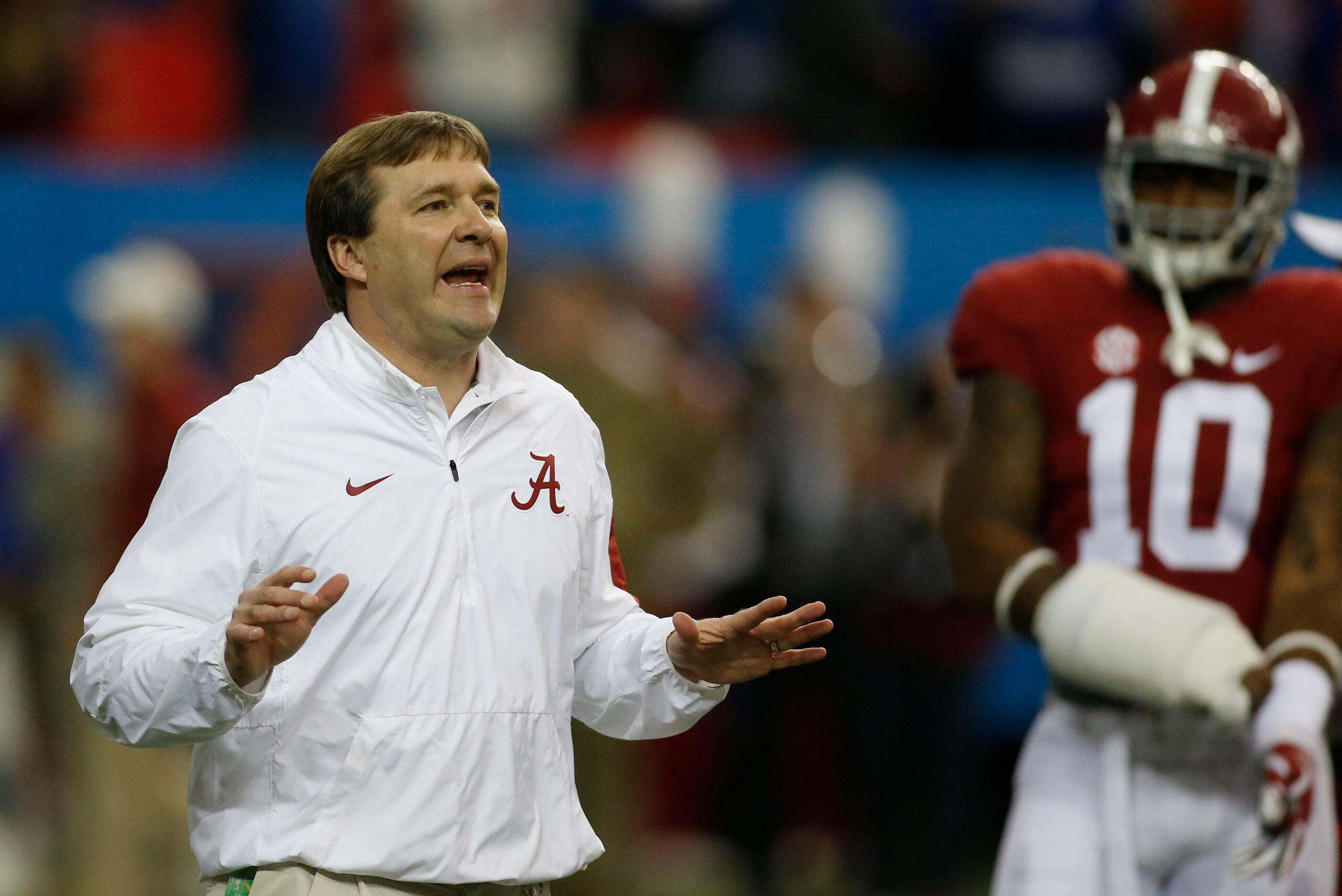 Dec 5, 2015; Atlanta, GA, USA; Alabama Crimson Tide defensive coordinator Kirby Smart gestures during warm-ups prior to facing the Florida Gators in the 2015 SEC Championship Game at the Georgia Dome. Mandatory Credit: Brett Davis-USA TODAY Sports