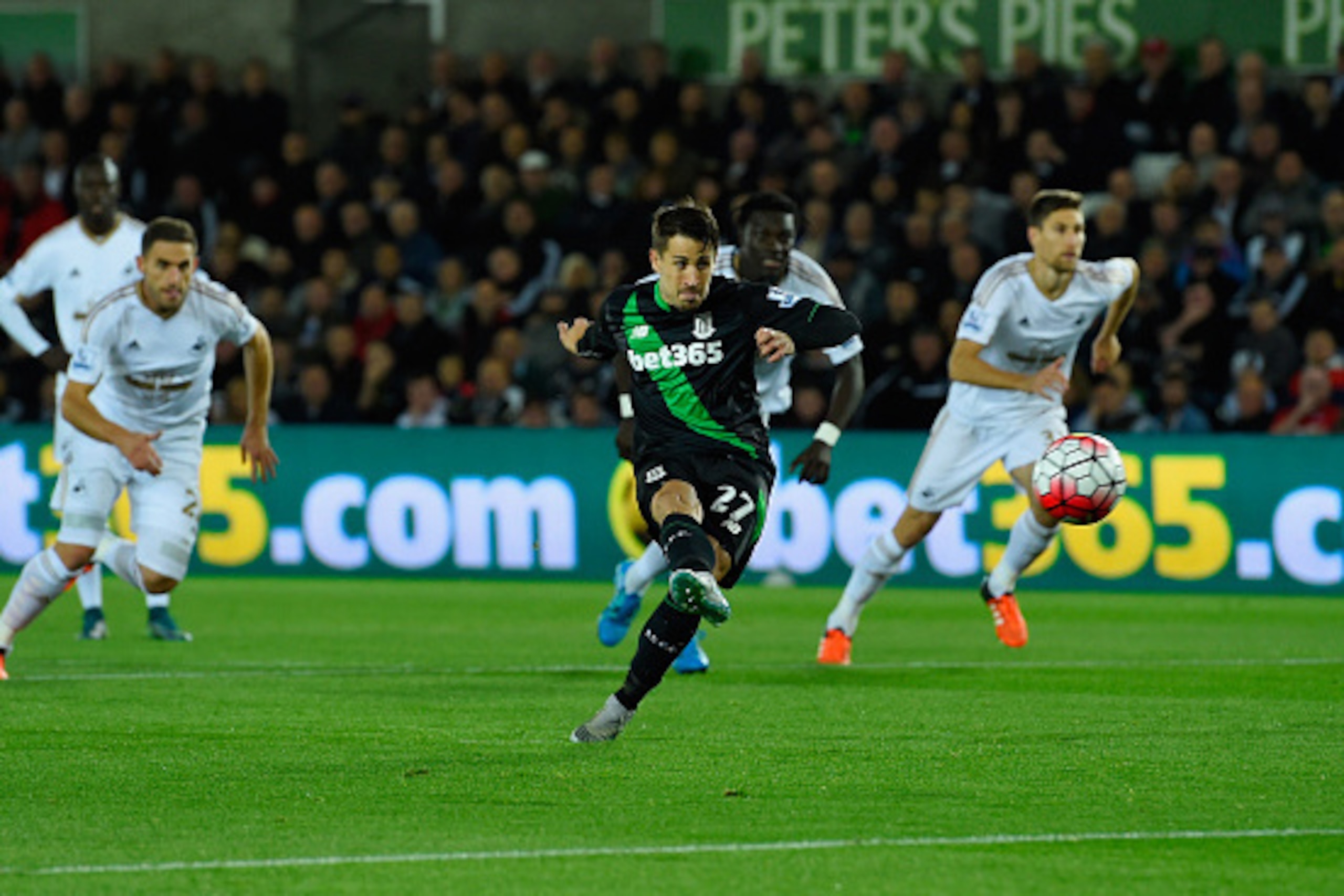 SWANSEA, WALES - OCTOBER 19:  Bojan Krkic of Stoke City scores their first goal from the penalty spot during the Barclays Premier League match between Swansea City and Stoke City at Liberty Stadium on October 19, 2015 in Swansea, Wales.  (Photo by Stu For