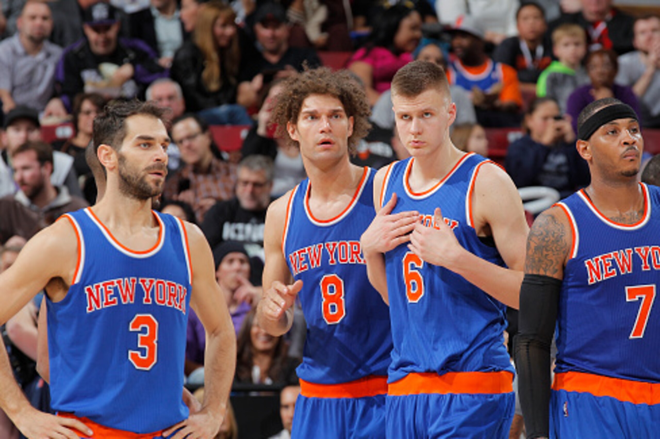 SACRAMENTO, CA - DECEMBER 10: Jose Calderon #3, Robin Lopez #8, Kristaps Porzingis #6 and Carmelo Anthony #7 of the New York Knicks face off against the Sacramento Kings on December 10, 2015 at Sleep Train Arena in Sacramento, California. NOTE TO USER: Us