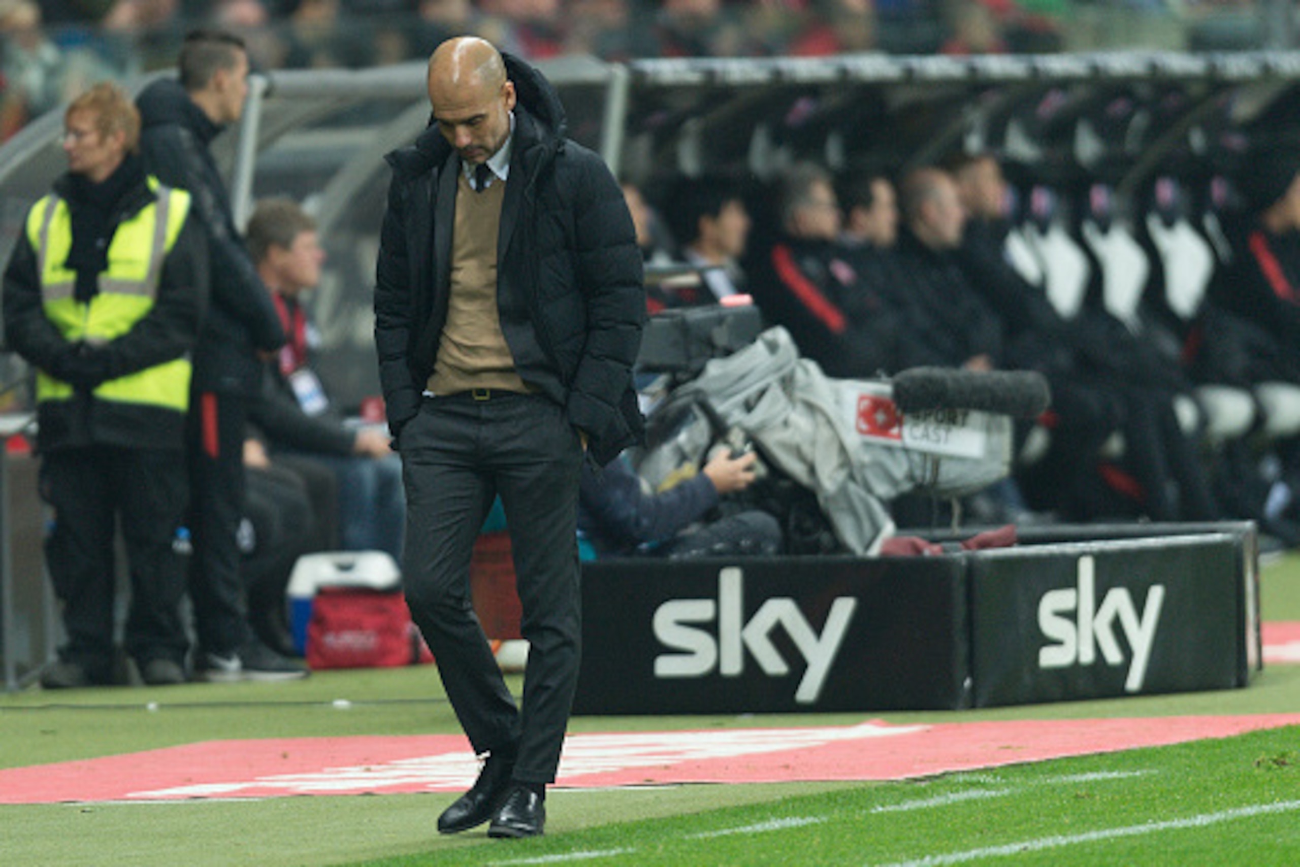 FRANKFURT AM MAIN, GERMANY - OCTOBER 30: Headcoach Josep (Pep) Guardiola of Bayern Muenchen thinking at Commerzbank-Arena on October 30, 2015 in Frankfurt am Main, Germany. (Photo by Oliver Kremer at Pixolli Studios/Getty Images)