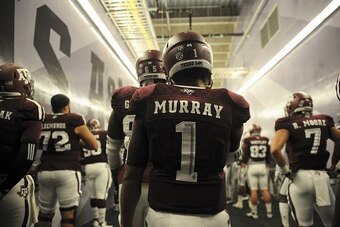 COLLEGE STATION, TX - NOVEMBER 14: Kyler Murray #1 of the Texas A&M Aggies prepares to take the field to face the Western Carolina Catamounts in a NCAA football game at Kyle Field on November 14, 2015 in College Station, Texas. (Photo by Eric Christian Sm