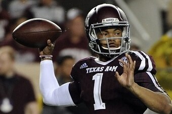 COLLEGE STATION, TX - NOVEMBER 14: Kyler Murray #1 of the Texas A&M Aggies drops back to pass in the first quarter of a NCAA football game against the Western Carolina Catamounts at Kyle Field on November 14, 2015 in College Station, Texas. (Photo by Eric