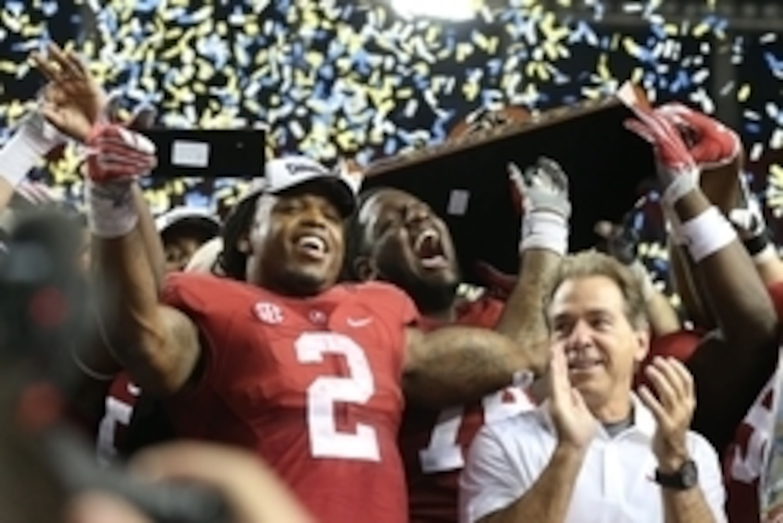 Dec 5, 2015; Atlanta, GA, USA; Alabama Crimson Tide running back Derrick Henry (2) celebrates with head coach Nick Saban following their win over the Florida Gators 29-15 in the 2015 SEC Championship Game at the Georgia Dome. Mandatory Credit: Butch Dill-