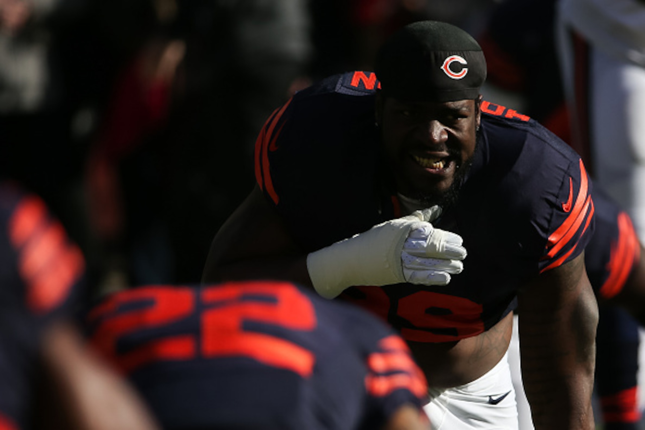 CHICAGO, IL - DECEMBER 06:   Lamarr Houston #99 of the Chicago Bears warms up prior to the NFL game against the San Francisco 49ers at Soldier Field on December 6, 2015 in Chicago, Illinois.  (Photo by Jonathan Daniel/Getty Images)