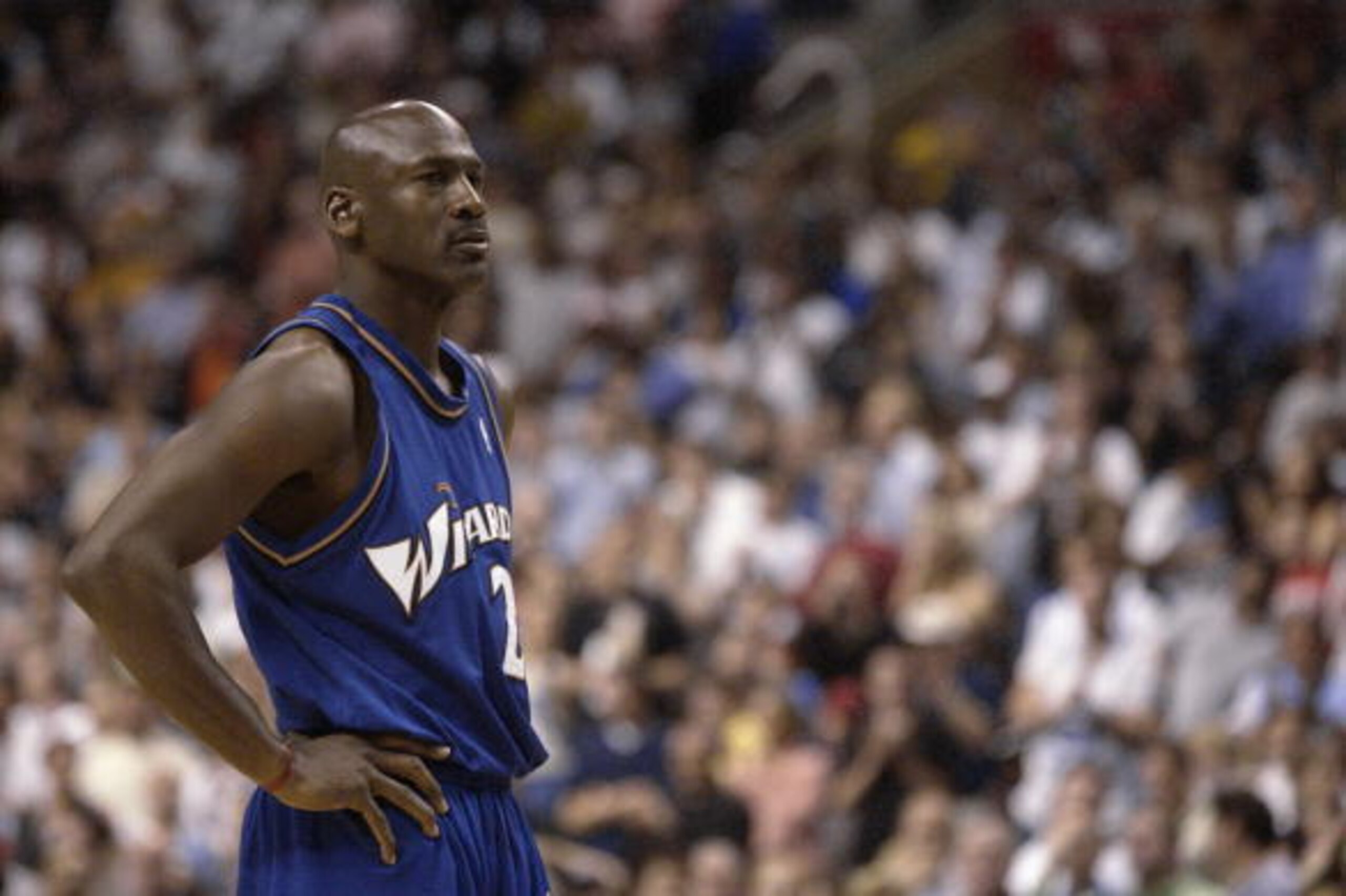 PHILADELPHIA - APRIL 16:  Michael Jordan #23 of the Washington Wizards on the court during the final NBA game of his career, played against the Philadelphia 76ers at First Union Center on March 30, 2003 in Philadelphia, Pennsylvania.  The Sixers won 107-8