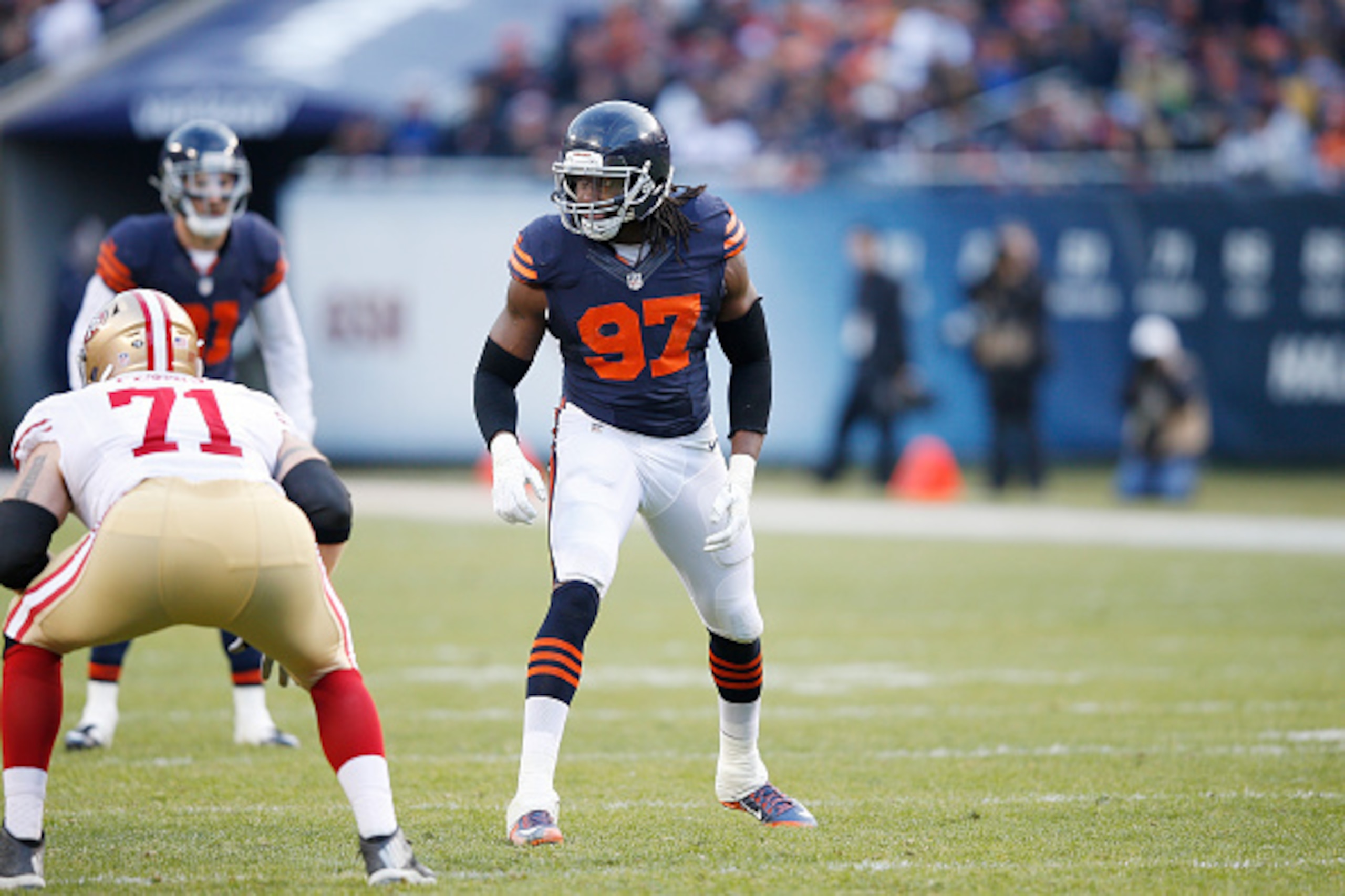 CHICAGO, IL - DECEMBER 6: Willie Young #97 of the Chicago Bears in action against the San Francisco 49ers during the game at Soldier Field on December 6, 2015 in Chicago, Illinois. The 49ers defeated the Bears 26-20 in overtime. (Photo by Joe Robbins/Gett