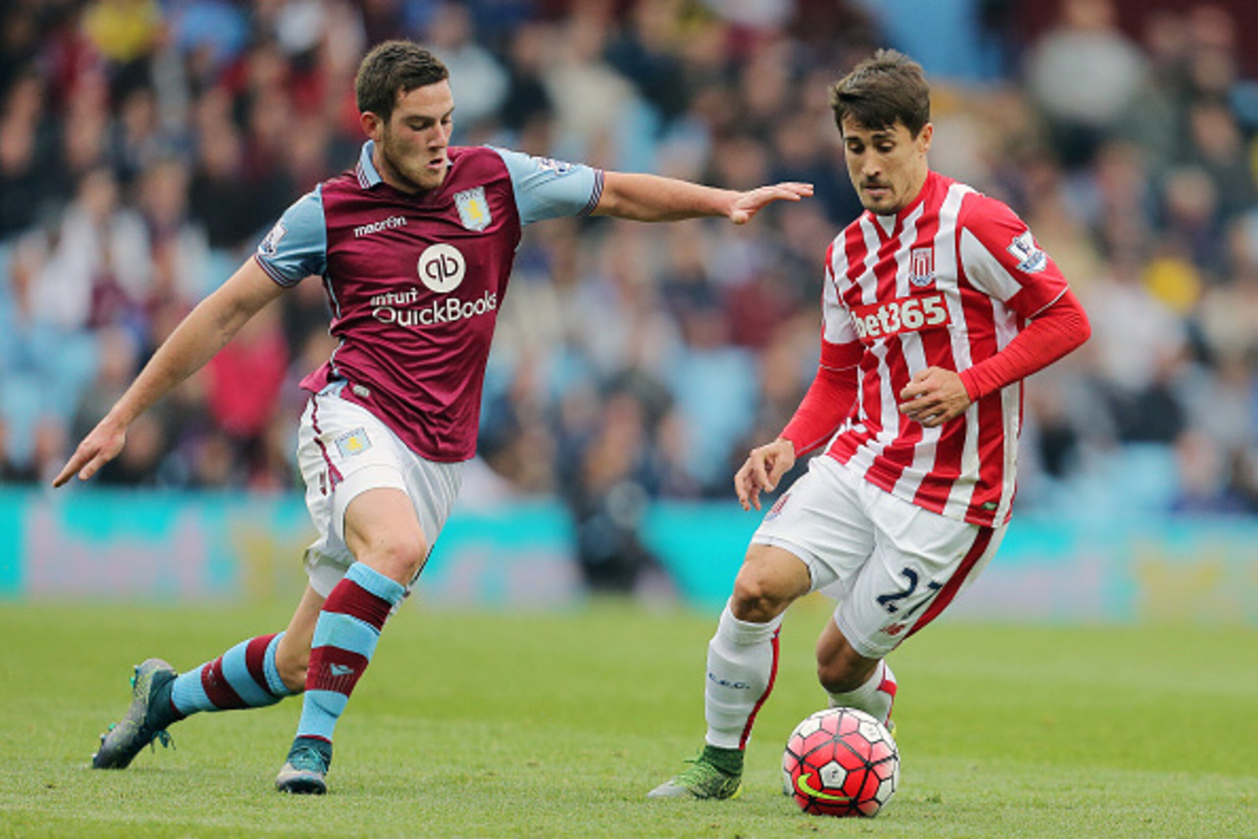 BIRMINGHAM, ENGLAND - OCTOBER 03:  Jordan Veretout of Aston Villa and Bojan Krkic of Stoke City during the Barclays Premier League match between Aston Villa and Stoke City at Villa Park on October 03, 2015 in Birmingham, England.  (Photo by James Baylis -
