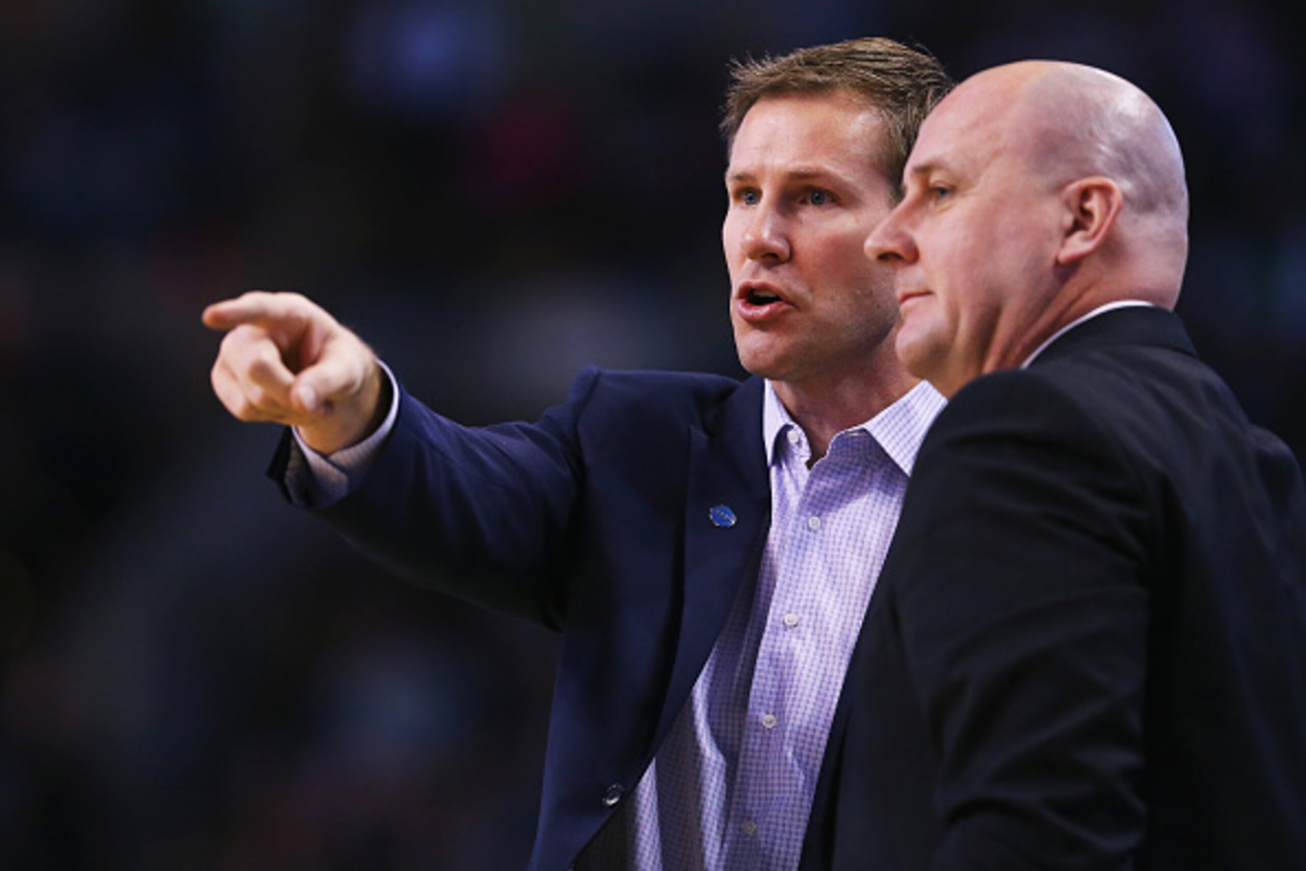 BOSTON, MA - DECEMBER 09:  Fred Hoiberg head coach of the Chicago Bulls talks with assistant coach Jim Boylen during the second half at TD Garden on December 9, 2015 in Boston, Massachusetts. The Celtics defeat the Bulls 105-100.  (Photo by Maddie Meyer/G