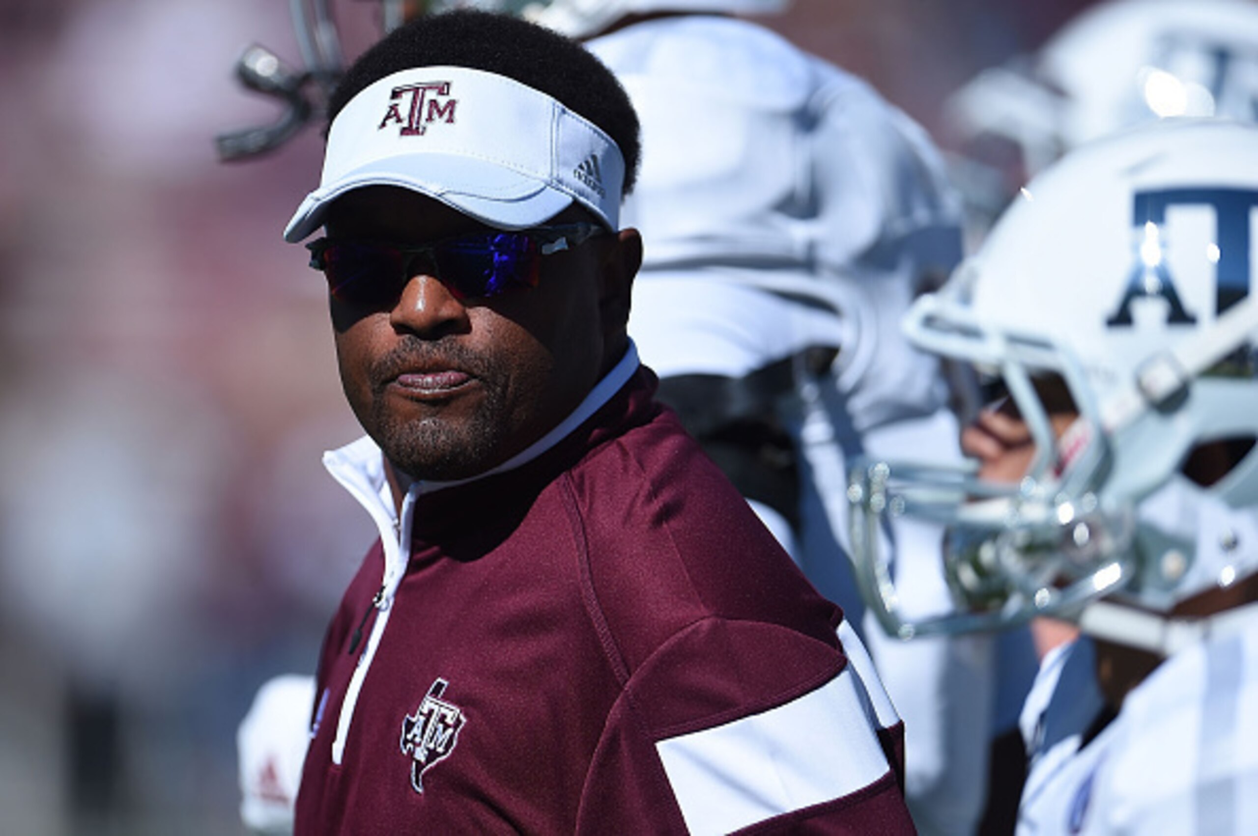 STARKVILLE, MS - OCTOBER 04:  Head coach Kevin Sumlin of the Texas A&M Aggies watches his team prior to a game against the Mississippi State Bulldogs at Davis Wade Stadium on October 4, 2014 in Starkville, Mississippi.  Mississippi State won the game 48-3