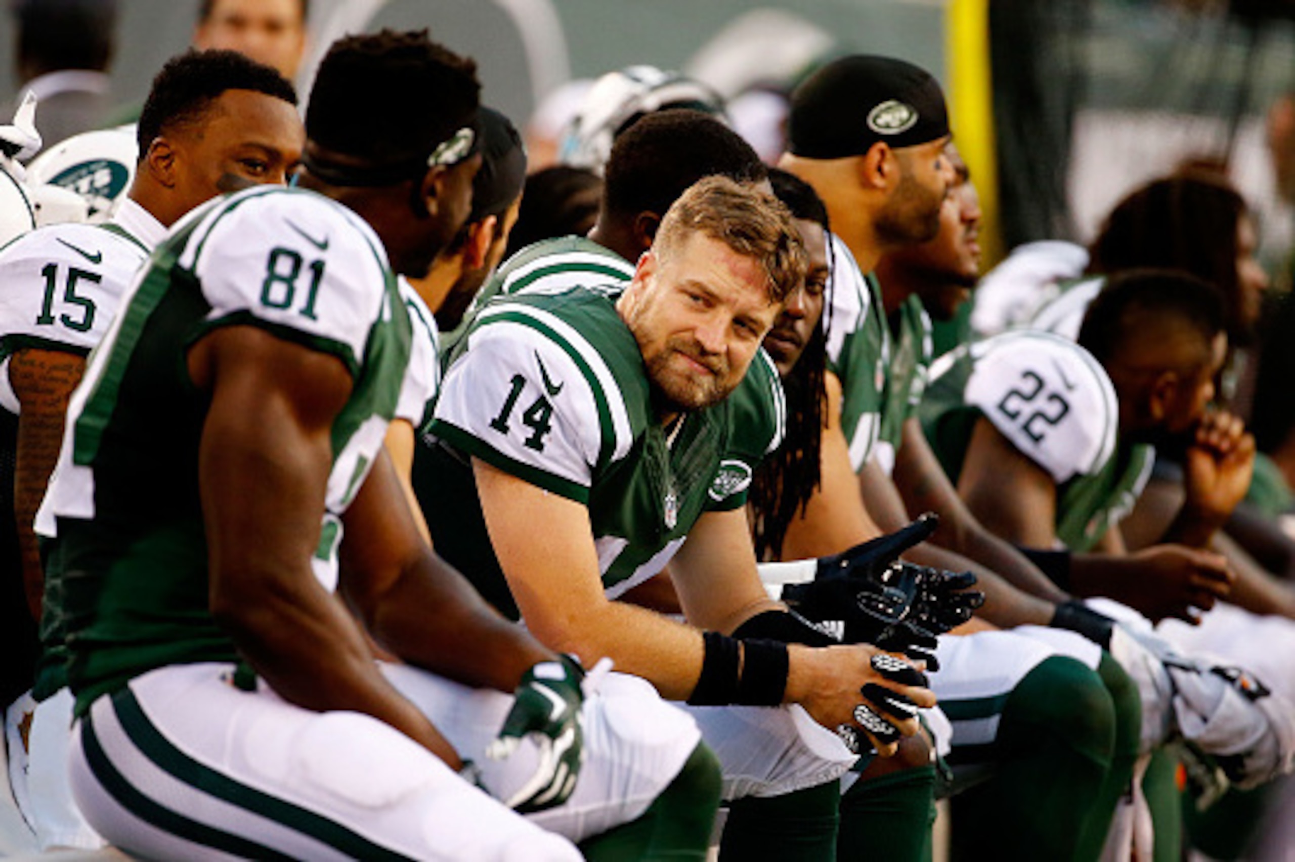EAST RUTHERFORD, NJ - DECEMBER 13:  Ryan Fitzpatrick #14 of the New York Jets sits on the bench in the fourth quarter against the Tennessee Titans during their game at MetLife Stadium on December 13, 2015 in East Rutherford, New Jersey.  (Photo by Al Bell