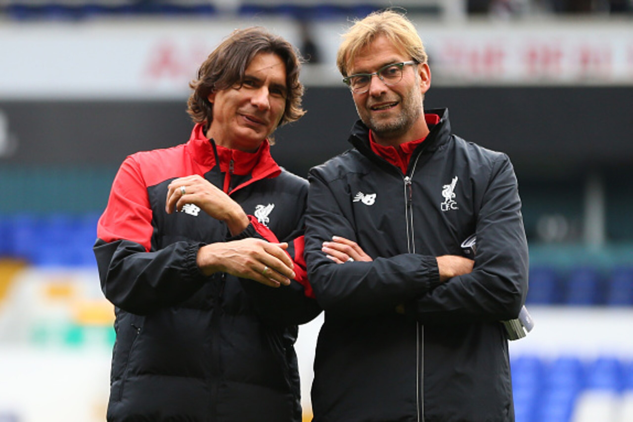 LONDON, ENGLAND - OCTOBER 17:  Jurgen Klopp manager of Liverpool and Zeljko Buvac assistant manager of Liverpool chat before the Barclays Premier League match between Tottenham Hotspur and Liverpool at White Hart Lane on October 17, 2015 in London, Englan