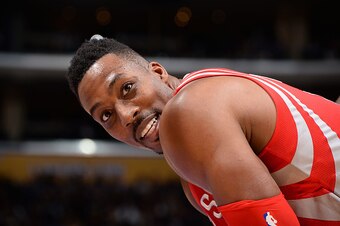 LOS ANGELES, CA - DECEMBER 17: Dwight Howard #12 of the Houston Rockets looks on during the game against the Los Angeles Lakers on December 17, 2015 at STAPLES Center in Los Angeles, California. NOTE TO USER: User expressly acknowledges and agrees that, b