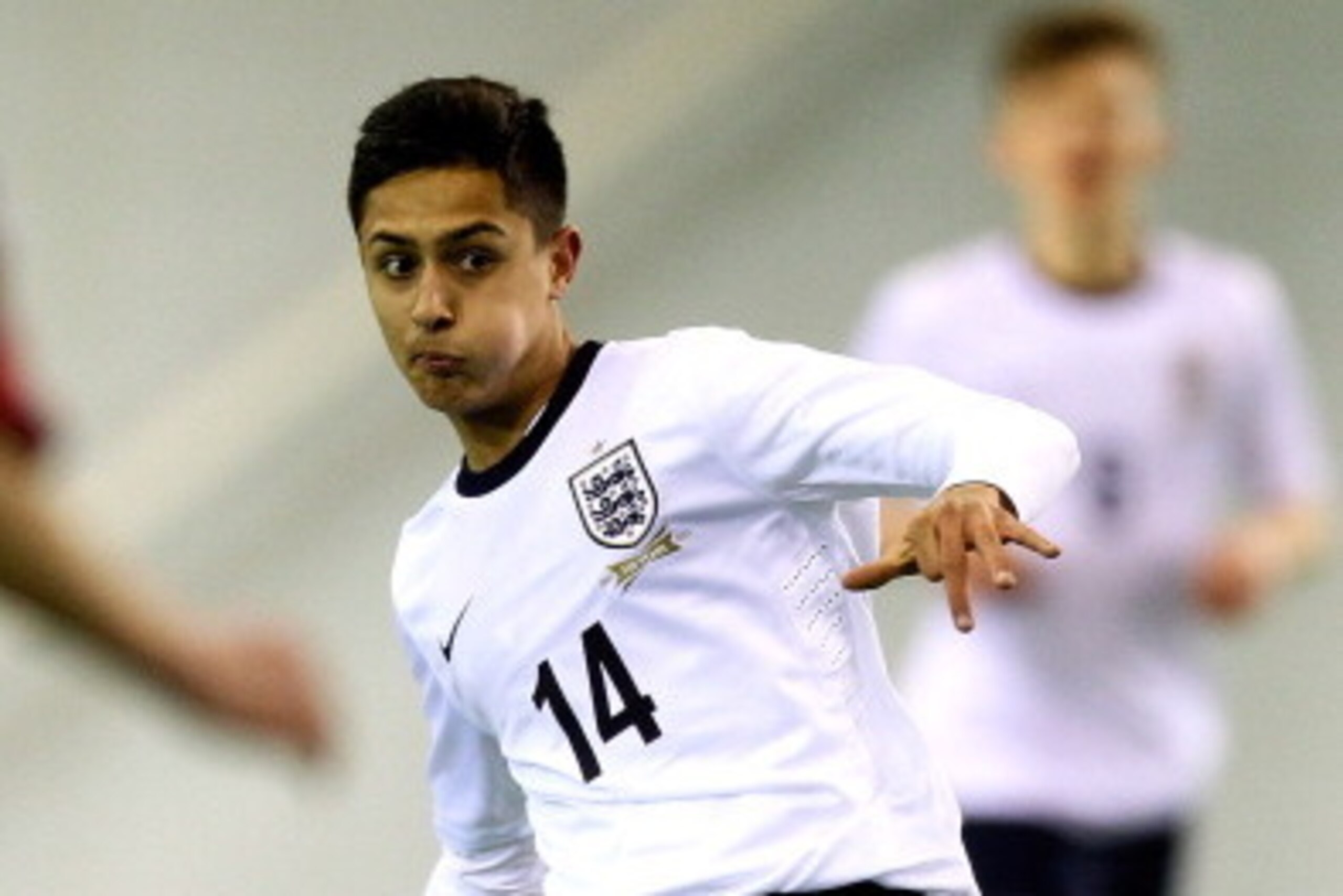 BURTON-UPON-TRENT, ENGLAND - FEBRUARY 11:  Yan Dhanda of England in action during a U16 International match between England and Denmark at St Georges Park on February 11, 2014 in Burton-upon-Trent, England.  (Photo by Ben Hoskins/Getty Images)