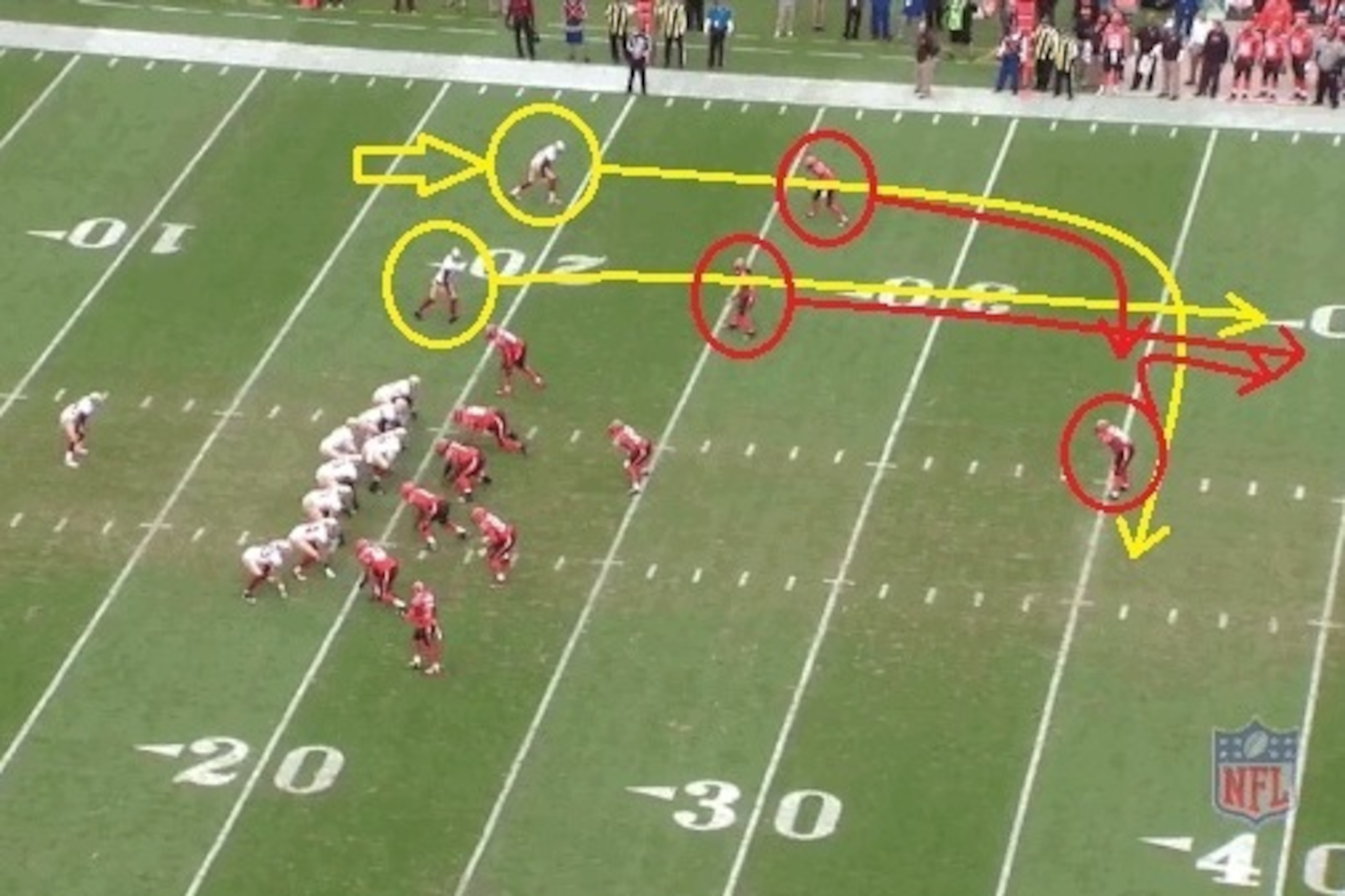 Wide receiver Torrey Smith (yellow arrow) will be the target of Gabbert's pass.