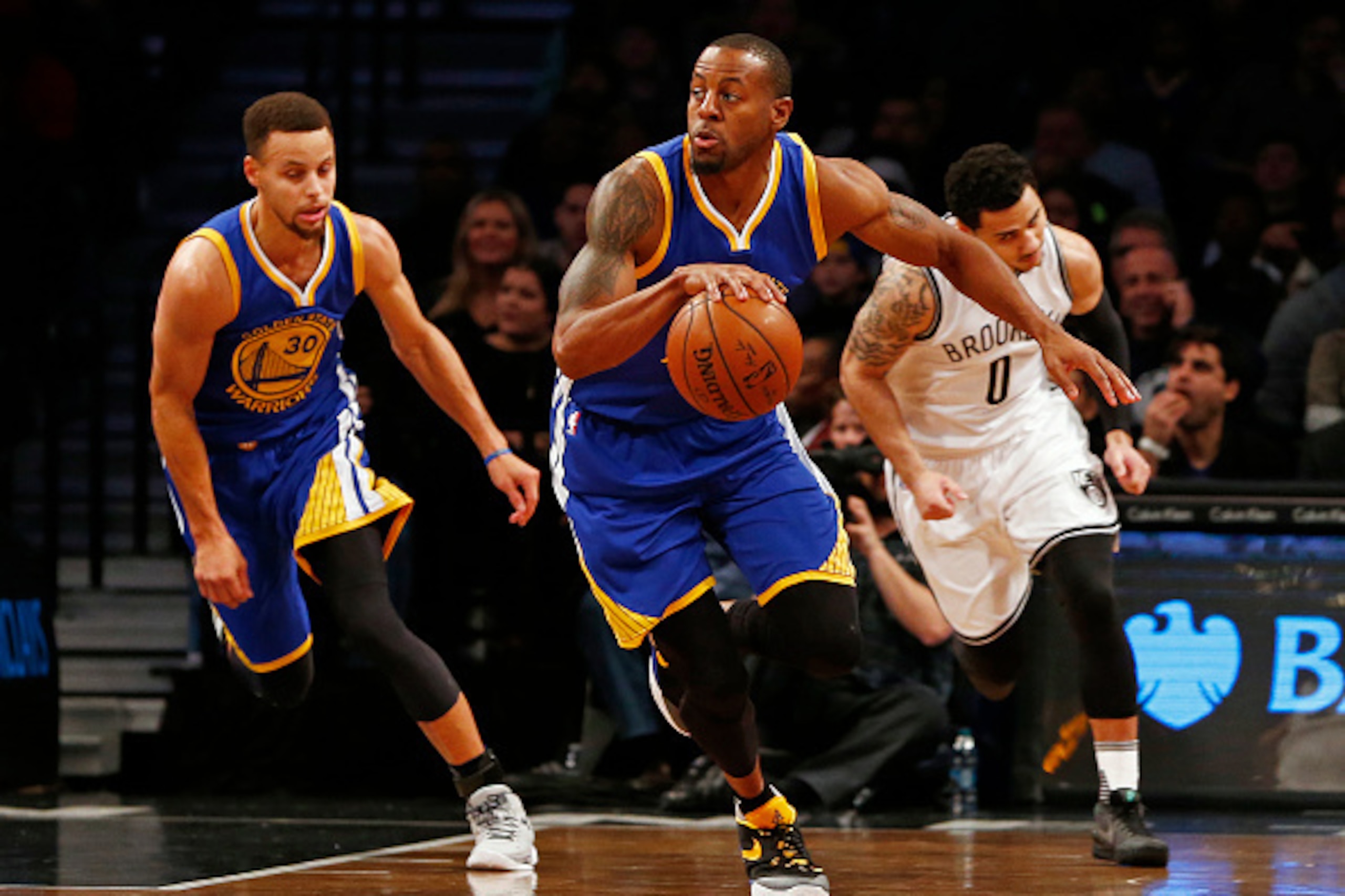 NEW YORK, NY - DECEMBER 6: Andre Iguodala #9 of the Golden State Warriors dribbles the ball against the Brooklyn Nets during the second quarter of an NBA basketball game at the Barclays Center on December 6, 2015 in the Brooklyn borough of New York City. 