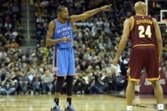 Dec 17, 2015; Cleveland, OH, USA; Oklahoma City Thunder forward Kevin Durant (35) reacts in the third quarter against the Cleveland Cavaliers at Quicken Loans Arena. Mandatory Credit: David Richard-USA TODAY Sports