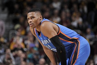 CLEVELAND, OH - DECEMBER 17: Russell Westbrook #0 of the Oklahoma City Thunder ;is seen during the game against the Cleveland Cavaliers on December 17, 2015 at The Quicken Loans Arena in Cleveland, Ohio. NOTE TO USER: User expressly acknowledges and agree