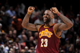 CLEVELAND, OH - DECEMBER 17: LeBron James #23 of the Cleveland Cavaliers ;celebrates; during the game against the Oklahoma City Thunder on December 17, 2015 at The Quicken Loans Arena in Cleveland, Ohio. NOTE TO USER: User expressly acknowledges and agree