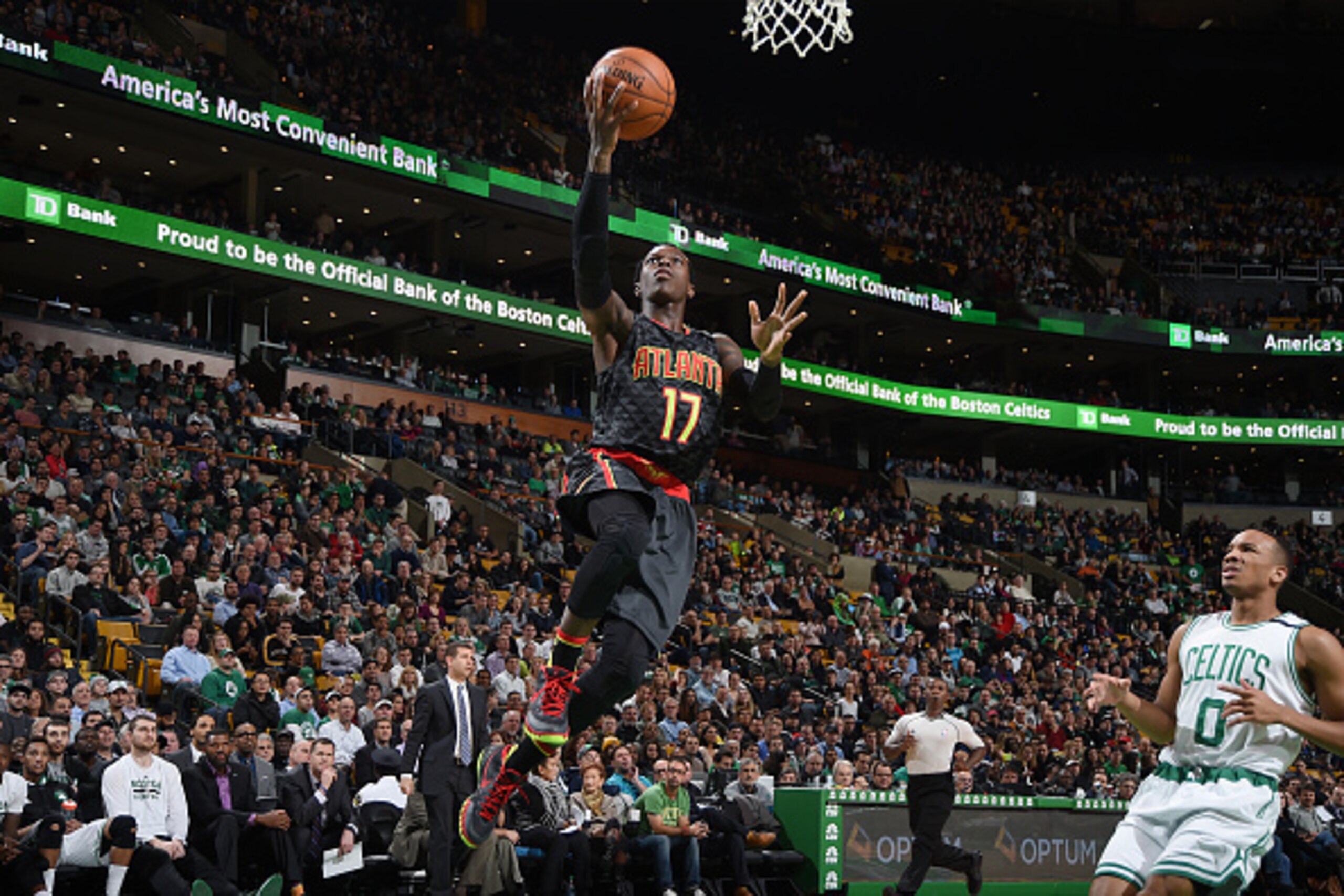 BOSTON, MA - DECEMBER 18: Dennis Schroder #17 of the Atlanta Hawks goes for the lay up during the game against the Boston Celtics on December 18, 2015 at the TD Garden in Boston, Massachusetts.  NOTE TO USER: User expressly acknowledges and agrees that, b