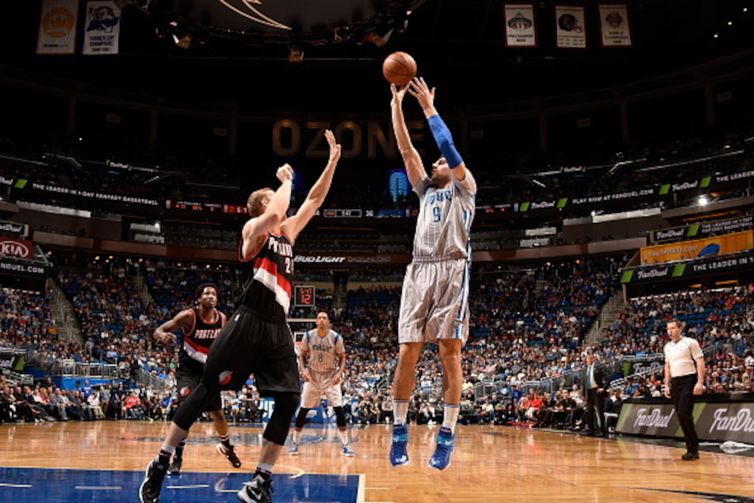 ORLANDO, FL - DECEMBER 18:  Nikola Vucevic #9 of the Orlando Magic shoots the ball against the Portland Trail Blazers on December 18, 2015 at Amway Center in Orlando, Florida. NOTE TO USER: User expressly acknowledges and agrees that, by downloading and o