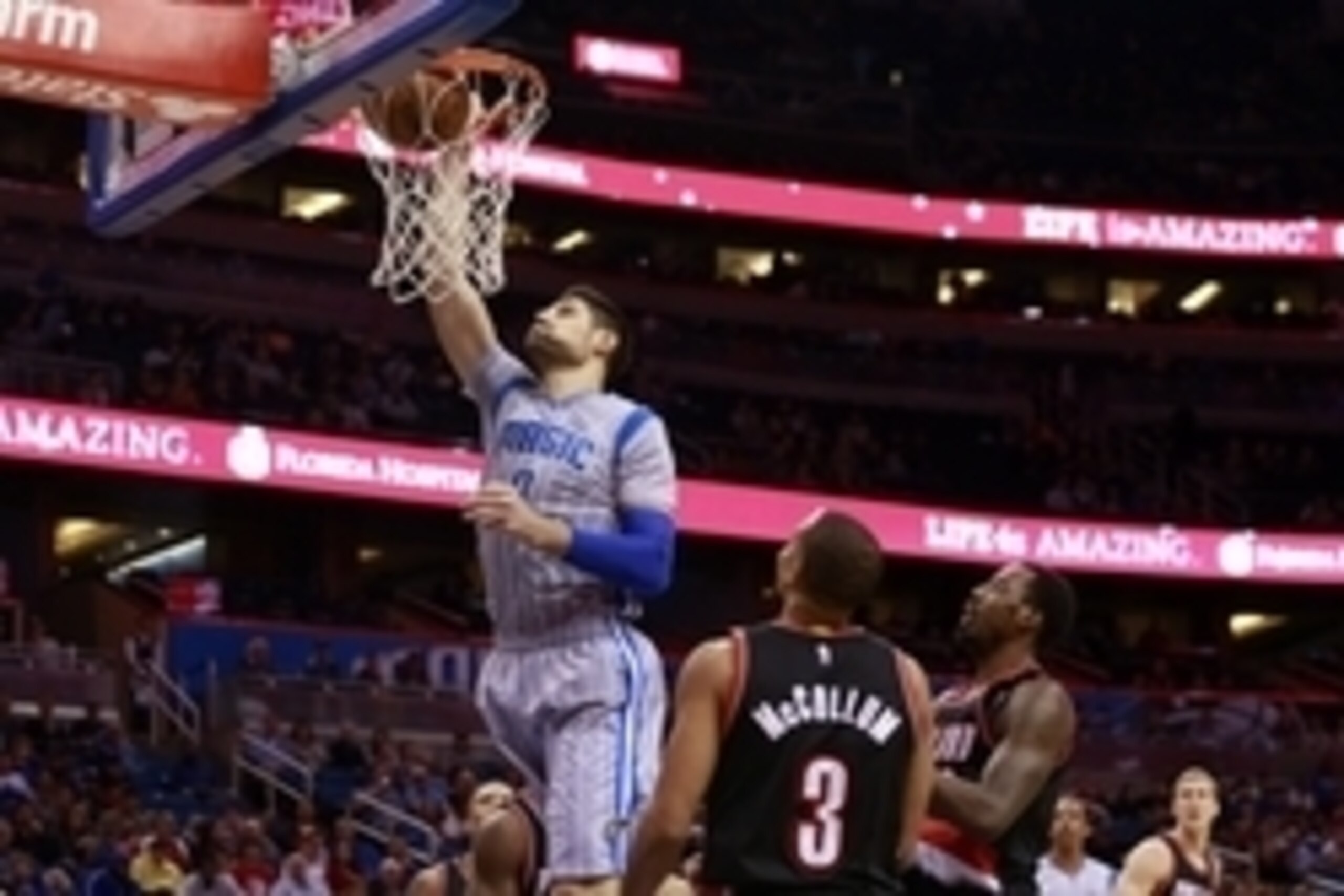 Dec 18, 2015; Orlando, FL, USA; Orlando Magic center Nikola Vucevic (9) dunks the ball against the Portland Trail Blazers during the second half at Amway Center. The Magic won 102-94. Mandatory Credit: Kim Klement-USA TODAY Sports