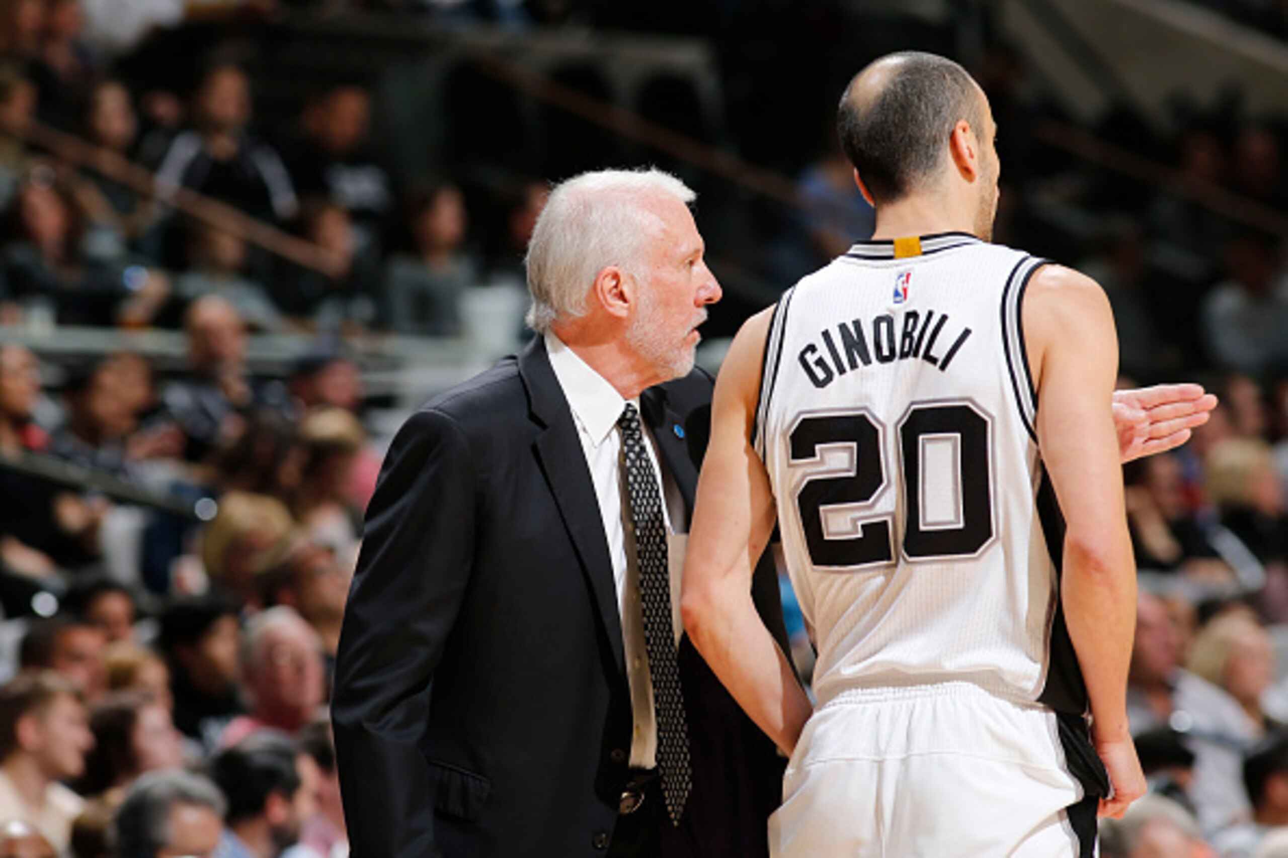 SAN ANTONIO, TX - DECEMBER 14: Gregg Popovich of the San Antonio Spurs and Manu Ginobili #20 during the game against the Utah Jazz on December 14, 2015 at the AT&T Center in San Antonio, Texas. NOTE TO USER: User expressly acknowledges and agrees that, by