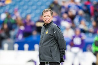 ORCHARD PARK, NY - OCTOBER 19:  Vikings Offensive Coordinator Norv Turner walks through warm ups before the game against the Buffalo Bills at Ralph Wilson Stadium on October 19, 2014 in Orchard Park, New York.  Buffalo Bills defeat Minnesota Vikings 17-16