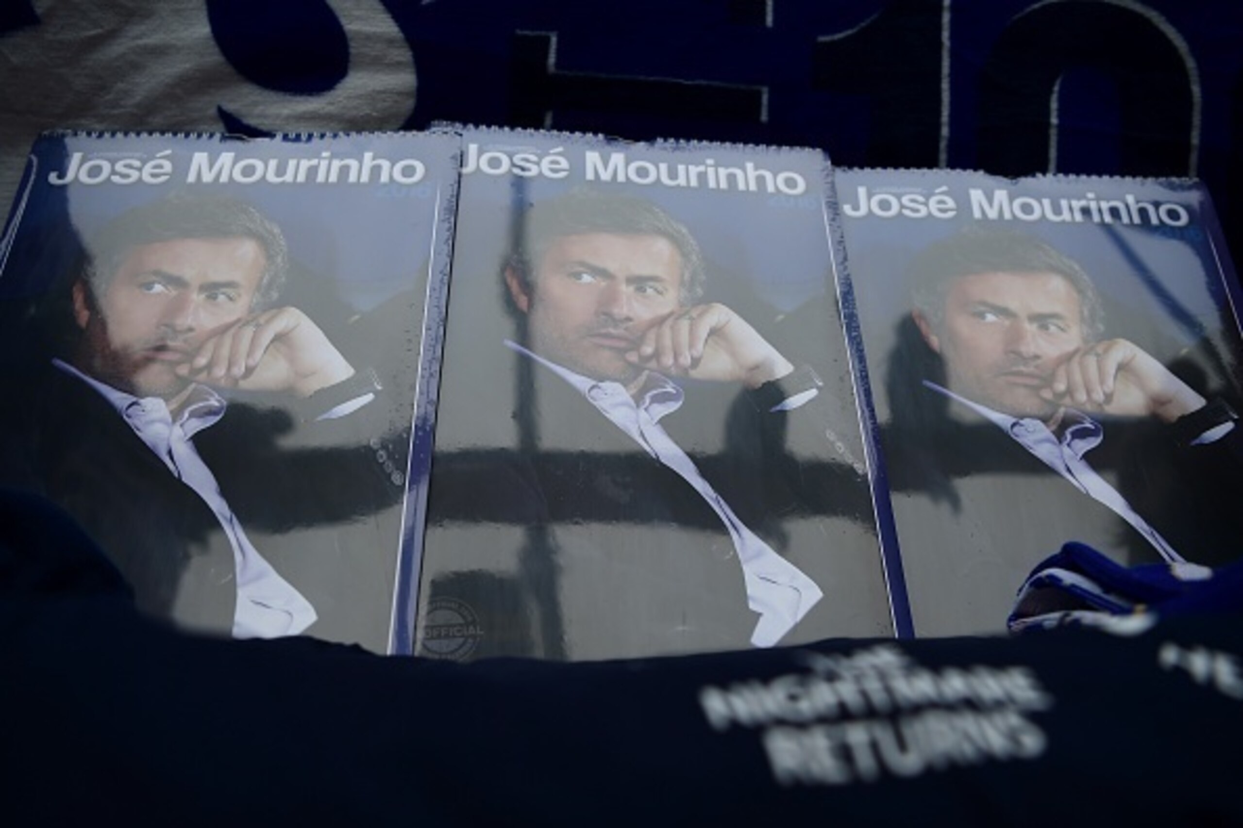 Calendars featuring Chelsea's former Portuguese manager Jose Mourinho are on sale before the English Premier League football match between Chelsea and Sunderland at Stamford Bridge in London on December 19, 2015. Jose Mourinho attended the Championship ma