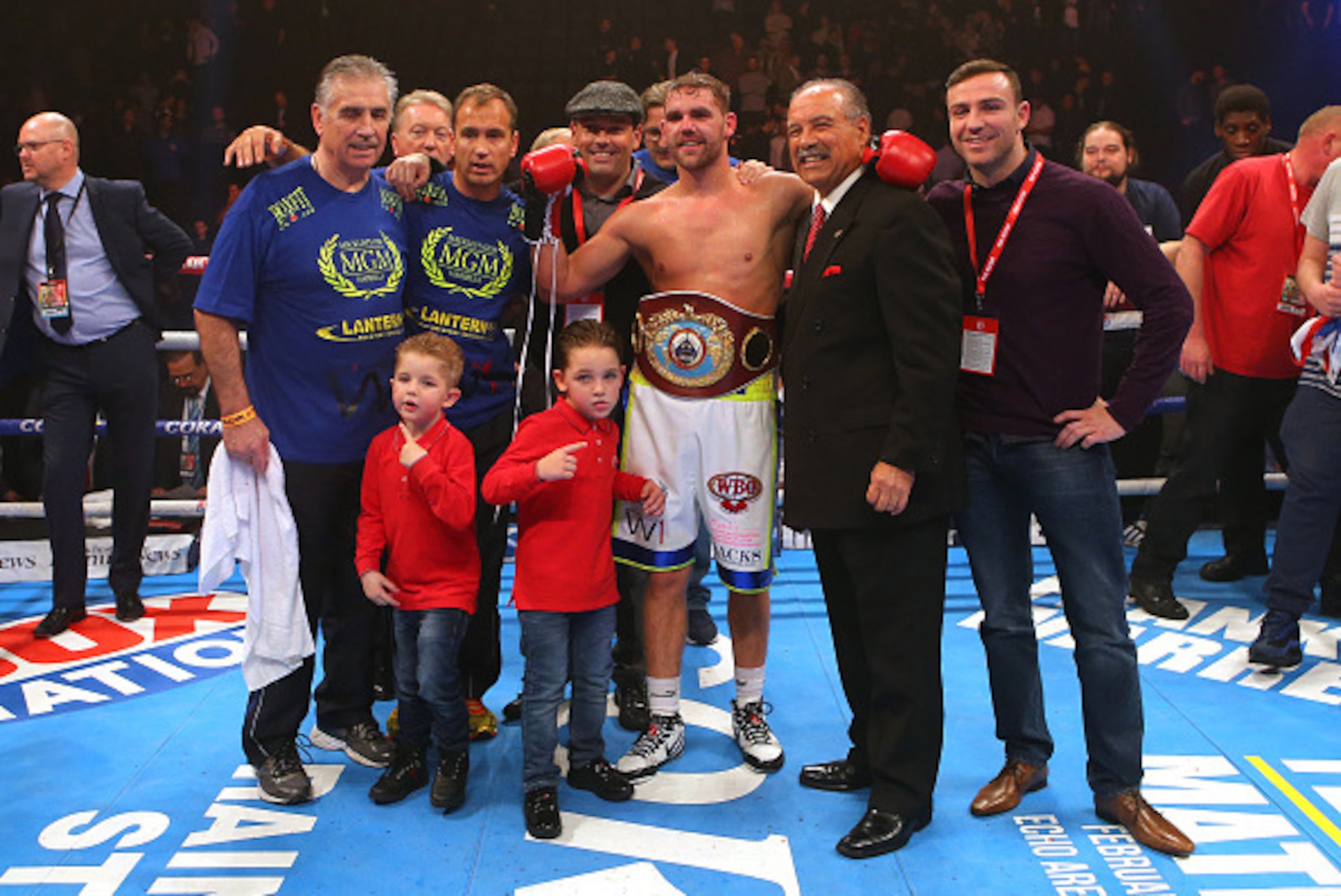 MANCHESTER, ENGLAND - DECEMBER 19: Billy Joe Saunders celebrates beating Andy Lee during their WBO World Middleweight title fight at the Manchester Arena on December 19, 2015 in Manchester, England. (Photo by Dave Thompson/Getty Images) MANCHESTER, ENGLAND - DECEMBER 19: Billy Joe Saunders celebrates beating Andy Lee during their WBO World Middleweight title fight at the Manchester Arena on December 19, 2015 in Manchester, England. (Photo by Dave Thompson/Getty Images)