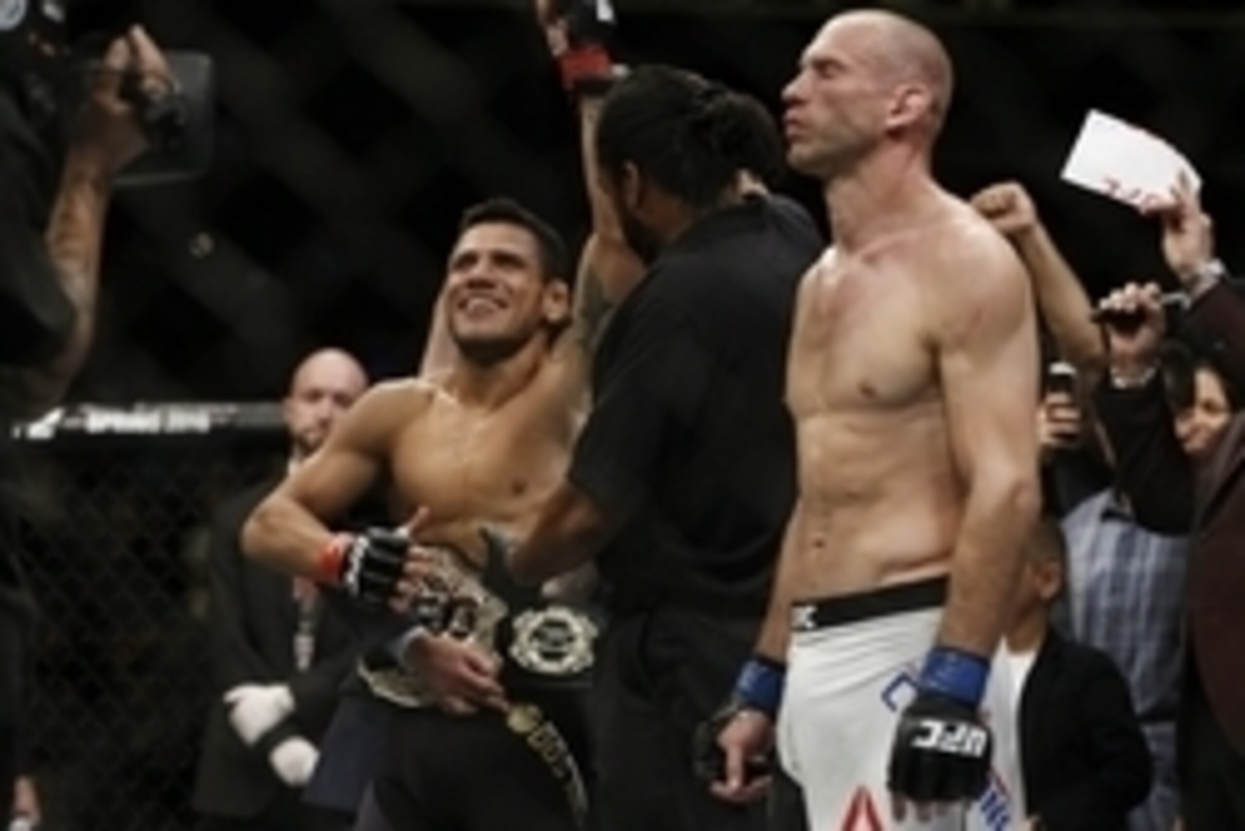 December 19, 2015; Orlando, FL, USA; Rafael Dos Anjos is declared the winner by technical knockout victory against Donald Cerrone during UFC Fight Night at Amway Center. Mandatory Credit: Reinhold Matay-USA TODAY Sports