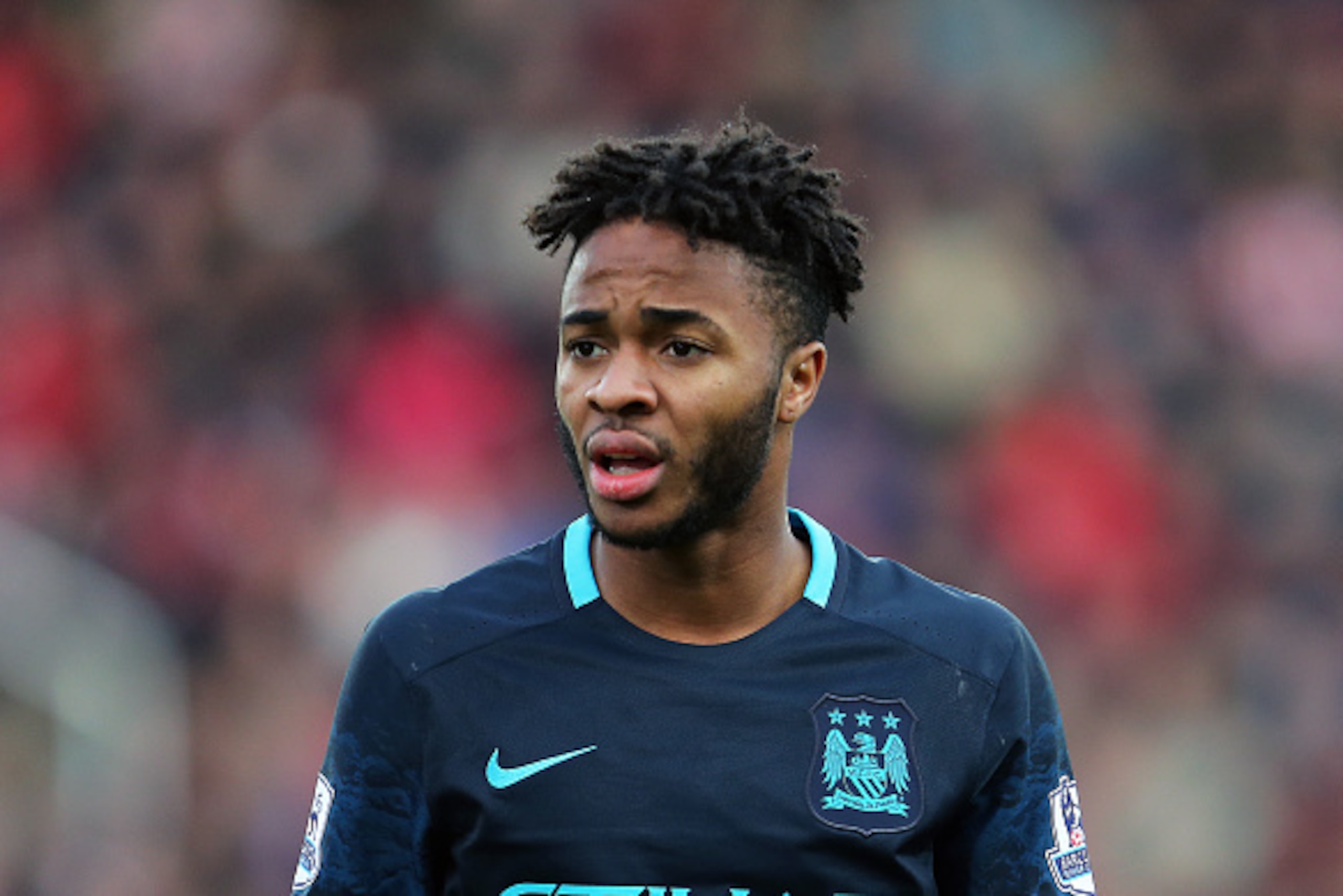 STOKE-ON-TRENT, ENGLAND - DECEMBER 05:  Raheem Sterling of Manchester City during the Barclays Premier League match between Stoke City and Manchester City at the Britannia Stadium on December 05, 2015 in Stoke-on-Trent, England.  (Photo by James Baylis - 