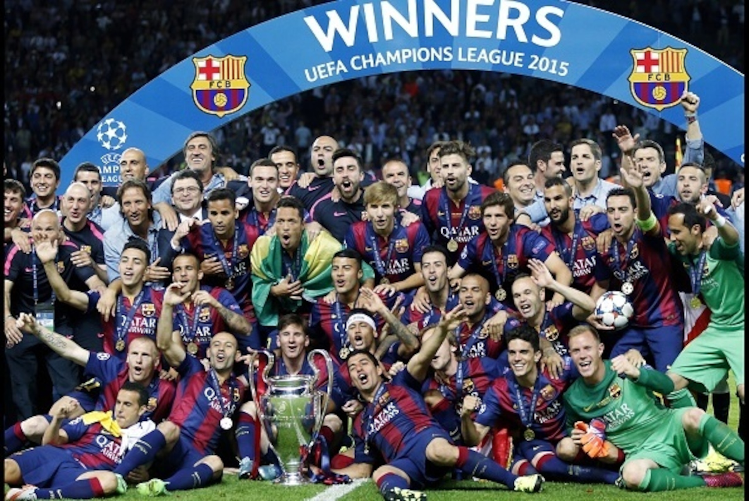 Team Barcelona celebrating the Champions League final victory. during the UEFA Champions League  final match between Barcelona and Juventus on June 6, 2015 at the Olympic stadium in Berlin, Germany.(Photo by VI Images via Getty Images)
