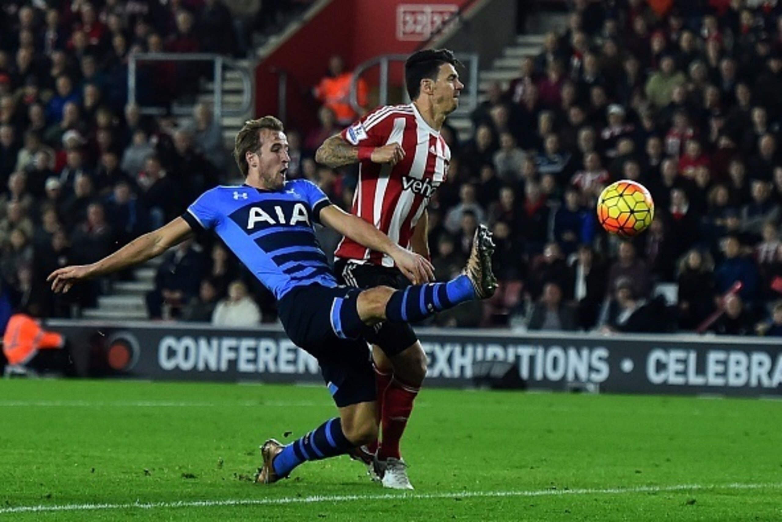 Tottenham Hotspur's English striker Harry Kane has an unsuccessful shot during the English Premier League football match between Southampton and Tottenham Hotspur at St Mary's Stadium in Southampton, southern England on December 19, 2015. Tottenham won th