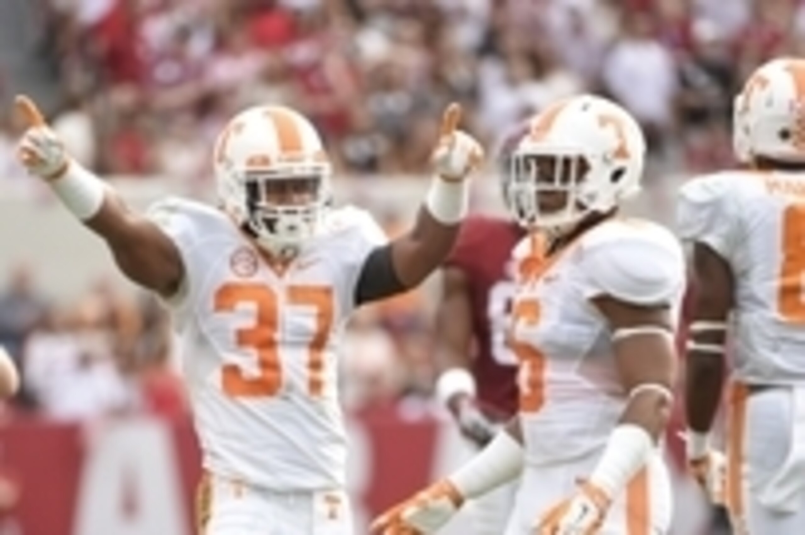 Oct 24, 2015; Tuscaloosa, AL, USA; Tennessee Volunteers defensive back Brian Randolph (37) celebrates his interception against the Alabama Crimson Tide during the second quarter at Bryant-Denny Stadium. Mandatory Credit: John David Mercer-USA TODAY Sports