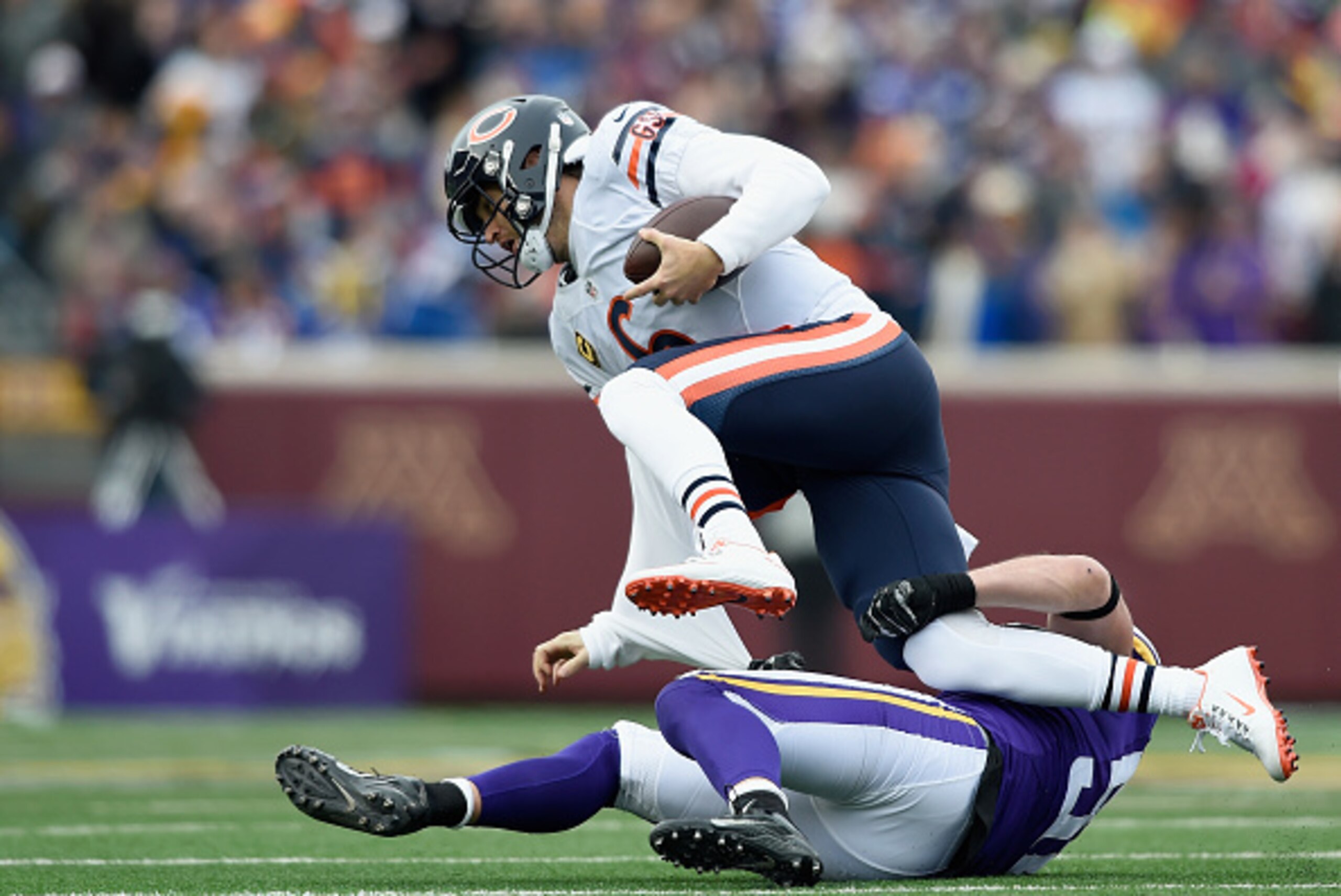 MINNEAPOLIS, MN - DECEMBER 20: Chad Greenway #52 of the Minnesota Vikings pulls down quarterback Jay Cutler #6 of the Chicago Bears for a sack during the first quarter of the game on December 20, 2015 at TCF Bank Stadium in Minneapolis, Minnesota. (Photo 