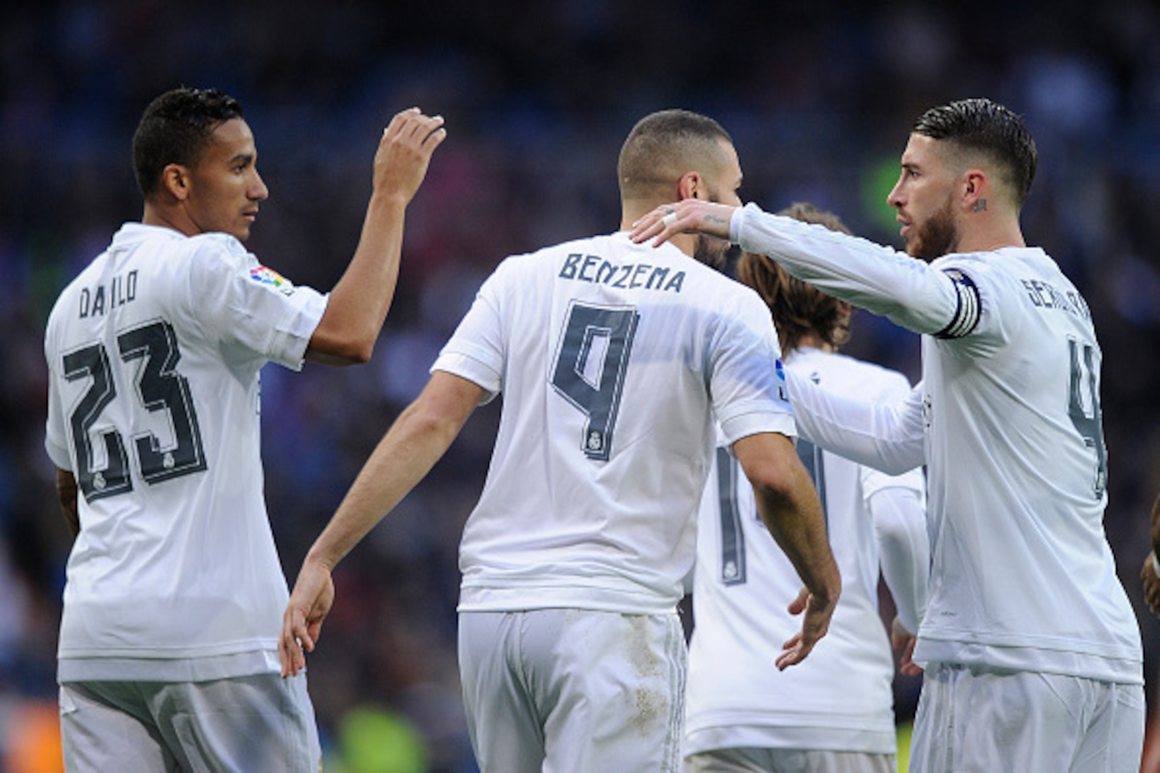 MADRID, SPAIN - DECEMBER 20: Karim Benzema Gareth Bale of Real Madrid celebrates with Danilo and Sergio Ramos after scoring his team's 10th goal during the La Liga match between Real Madrid and Rayo Vallecano at estadio Santiago Bernabeu on December 20, MADRID, SPAIN - DECEMBER 20: Karim Benzema Gareth Bale of Real Madrid celebrates with Danilo and Sergio Ramos after scoring his team's 10th goal during the La Liga match between Real Madrid and Rayo Vallecano at estadio Santiago Bernabeu on December 20,