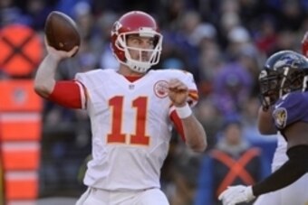 Dec 20, 2015; Baltimore, MD, USA; Kansas City Chiefs quarterback Alex Smith (11) throws the ball during the second quarter against the Baltimore Ravens at M&T Bank Stadium. Mandatory Credit: Tommy Gilligan-USA TODAY Sports