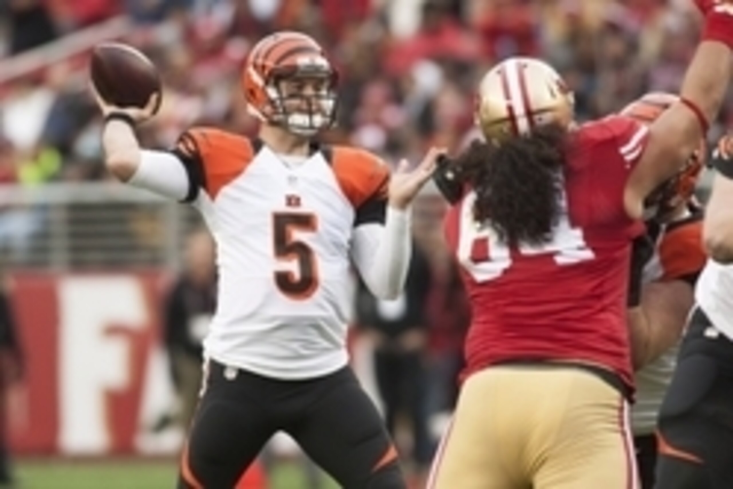 Dec 20, 2015; Santa Clara, CA, USA; Cincinnati Bengals quarterback AJ McCarron (5) throws a pass against the San Francisco 49ers during the second quarter at Levi's Stadium. Mandatory Credit: Ed Szczepanski-USA TODAY Sports