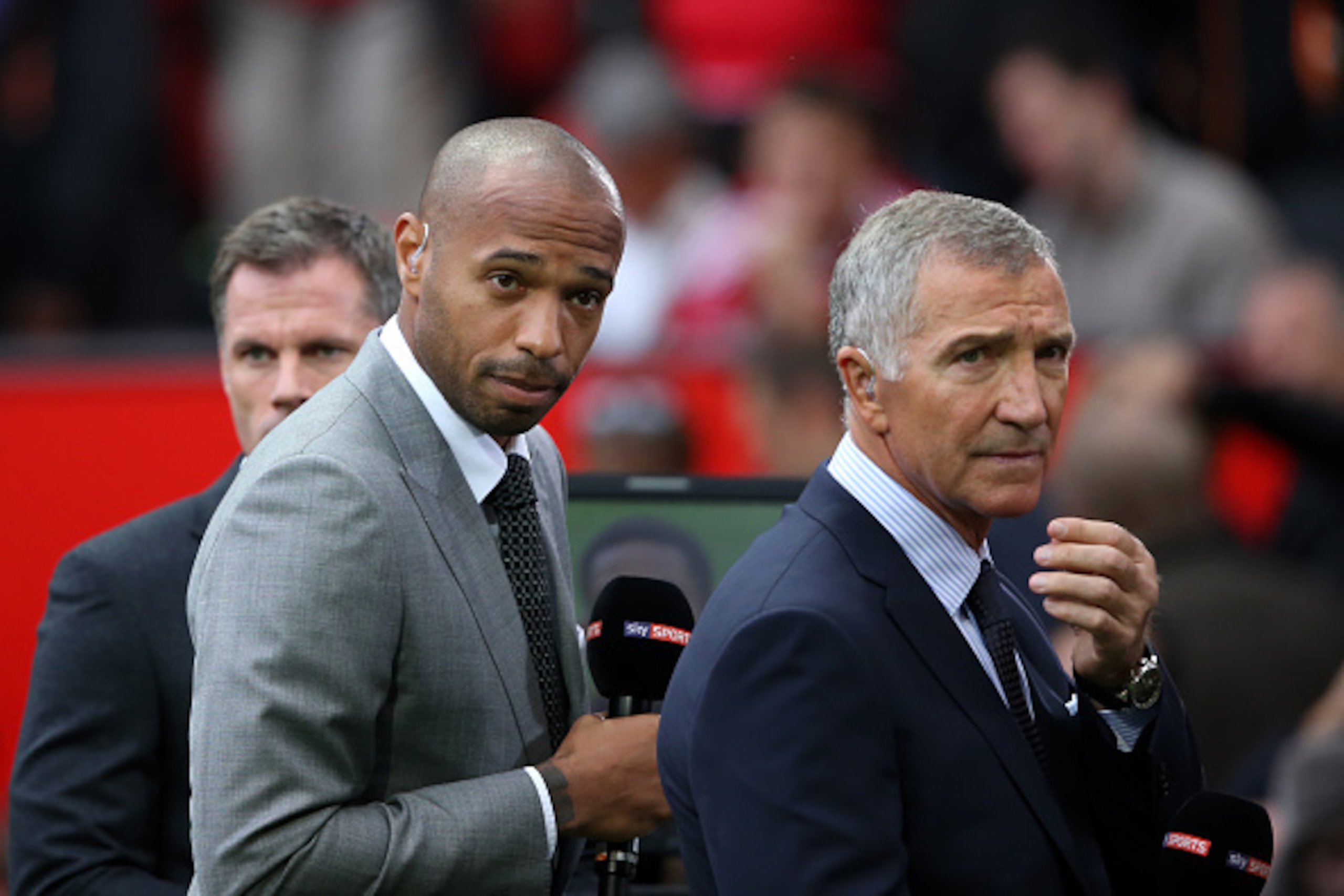 MANCHESTER, ENGLAND - SEPTEMBER 12:  Thierry Henry and Graeme Souness working for Sky Sports Television  during the Barclays Premier League match between Manchester United and Liverpool on September 12, 2015 in Manchester, United Kingdom.  (Photo by Matth