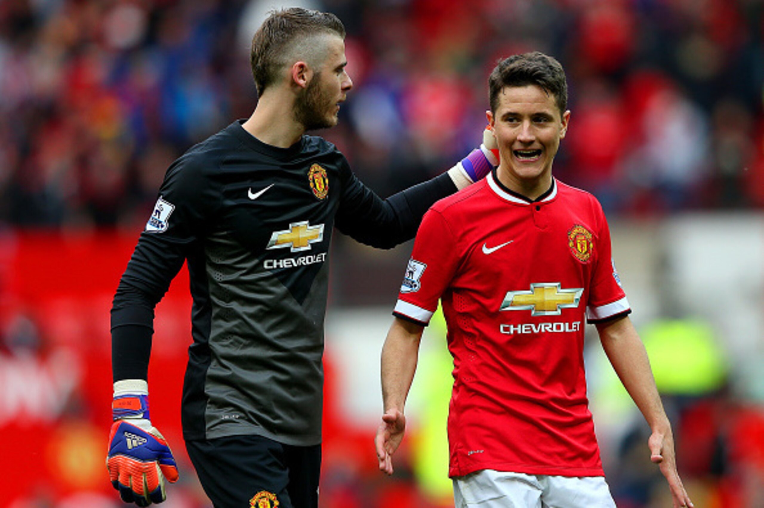 MANCHESTER, ENGLAND - APRIL 04:  David De Gea of Manchester United congratulates team-mate Ander Herrera of Manchester United after the Barclays Premier League match between Manchester United and Aston Villa at Old Trafford on April 4, 2015 in Manchester,
