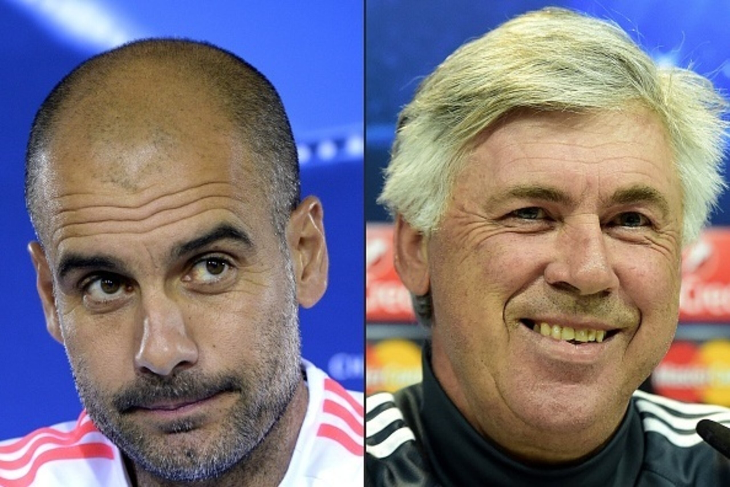 (COMBO) This combination of pictures created on December 20, 2015 shows
Bayern Munich's Spanish headcoach Pep Guardiola attending a news conference ahead of the football Champions League Group F match between FC Bayern Munich and GNK Dinamo Zagreb at the 