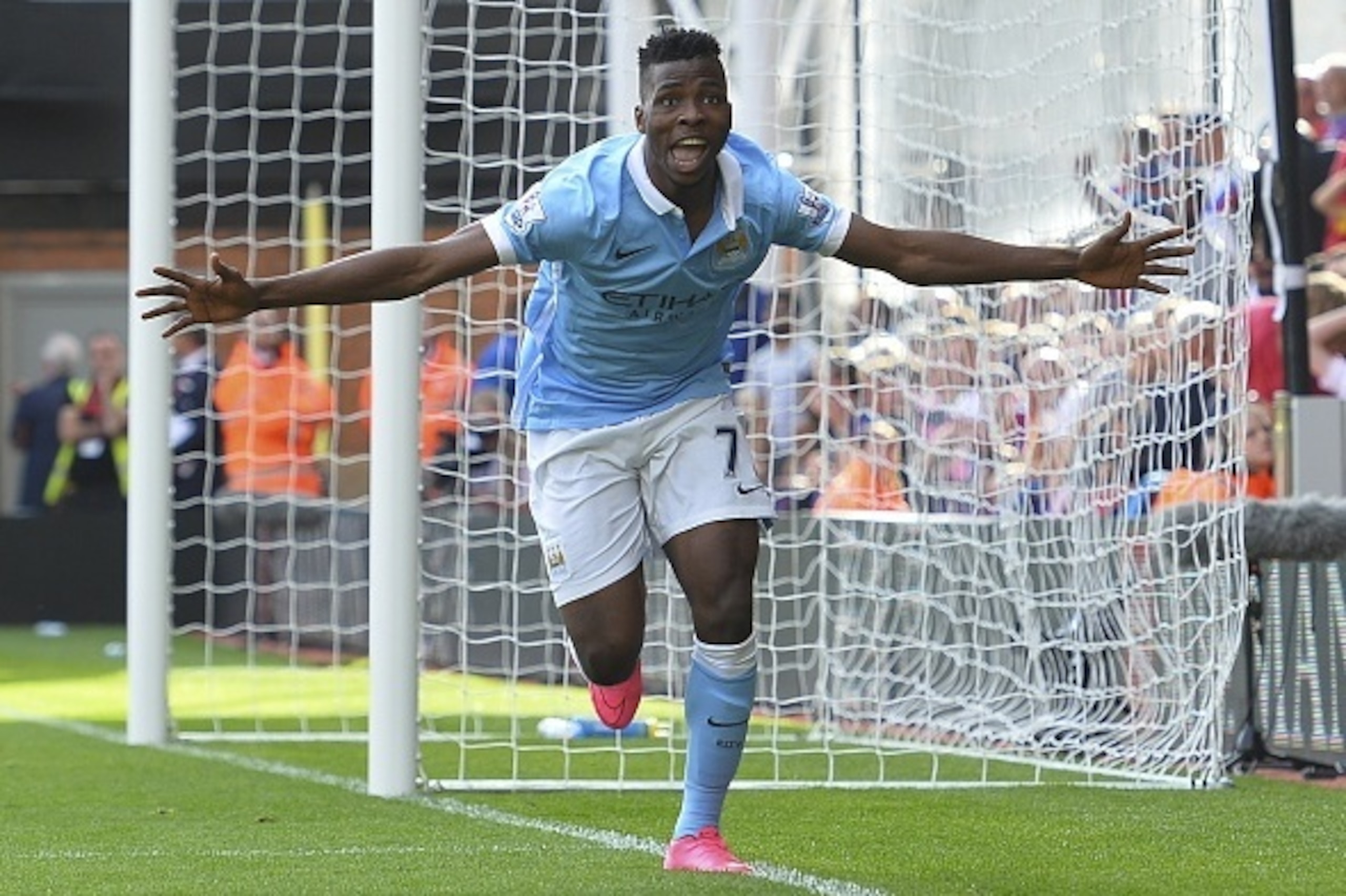 Manchester City's Nigerian striker Kelechi Iheanacho celebrates scoring the winning goal during the English Premier League football match between Crystal Palace and Manchester City at Selhurst Park in London on September 12, 2015. AFP PHOTO / GLYN KIRK  R