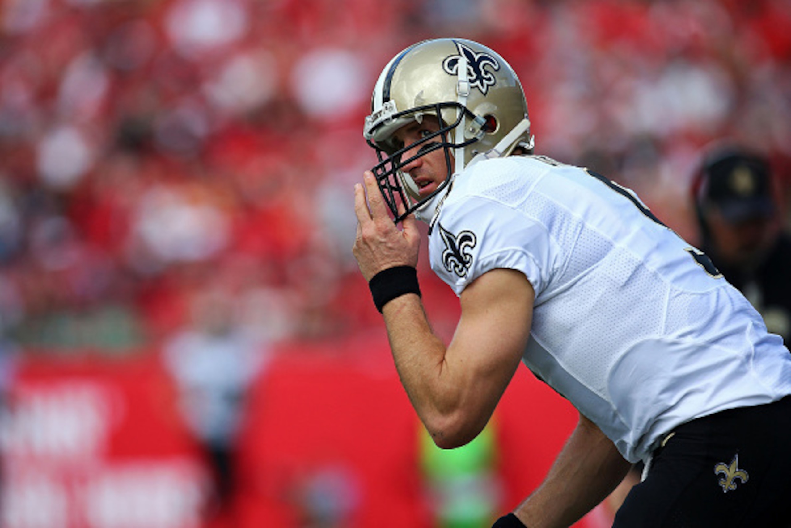 TAMPA, FL - DECEMBER 13: Drew Brees #9 of the New Orleans Saints looks on before of the game against the Tampa Bay Buccaneers at Raymond James Stadium on December 13, 2015 in Tampa, Florida.  (Photo by Rob Foldy/Getty Images)